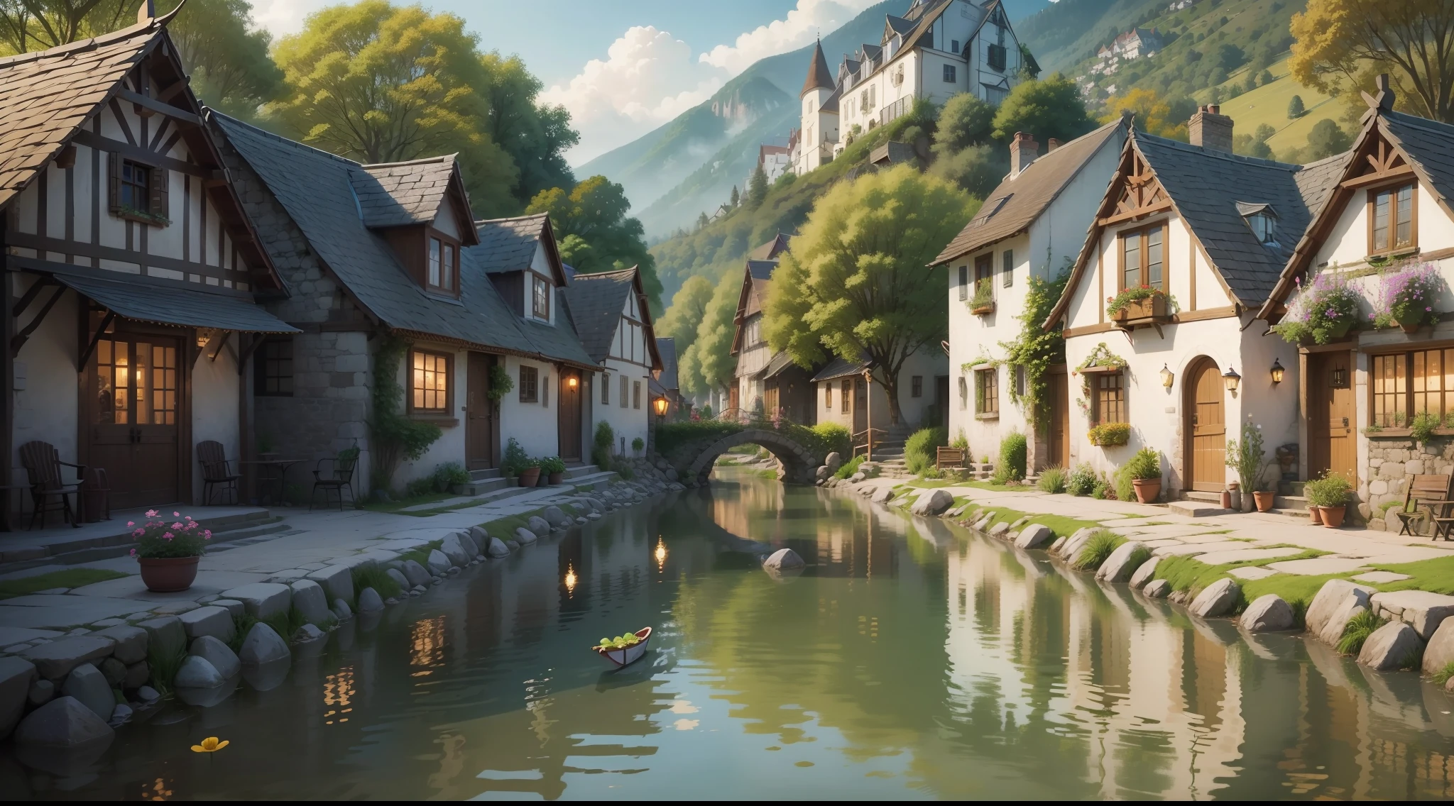 "A serene and picturesque village, where stories unfold. A peaceful and enchanting atmosphere, with vintage charm. Quaint cottages, cobblestone streets, and blooming flowers. (Include elements like: villagers, daily activities, traditional customs, festivals). Immersive colors and soft lighting bring warmth and nostalgia. Capture the essence of community and the joy of simple pleasures. Transport us to a world of tranquility and delightful tales."