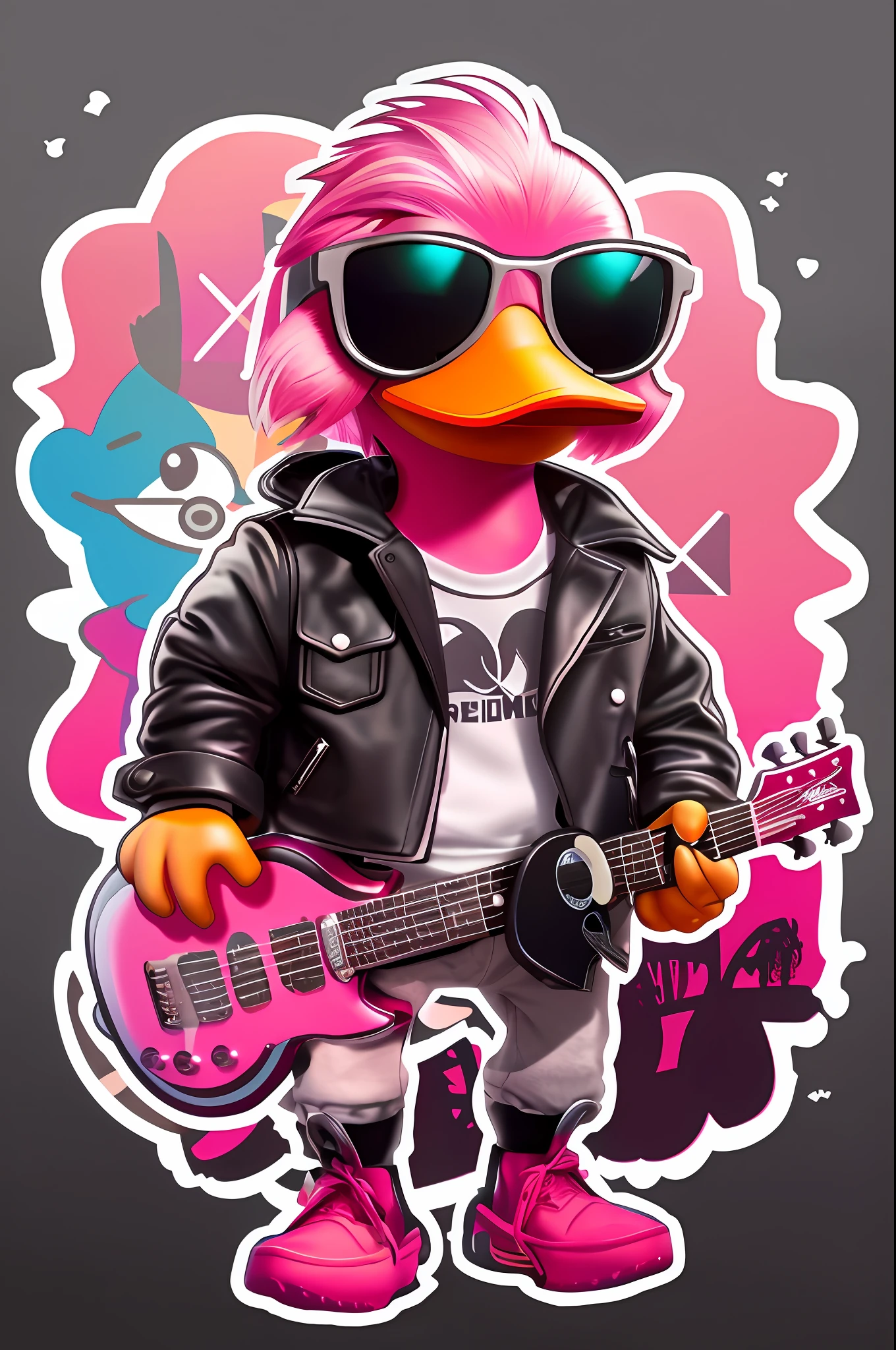 Cartoon duck playing guitar in sunglasses and leather jacket, Muppet Punk, robot duck concept portrait, the macho duck, pop punk art style, robocop duck, inspired by Jacob Duck, fantasy duck concept portrait, hand painted cartoon art style, Cartoon Art Style, detailed duck, Cartoon Art Style, extremely high quality artwork, in style of digital illustration