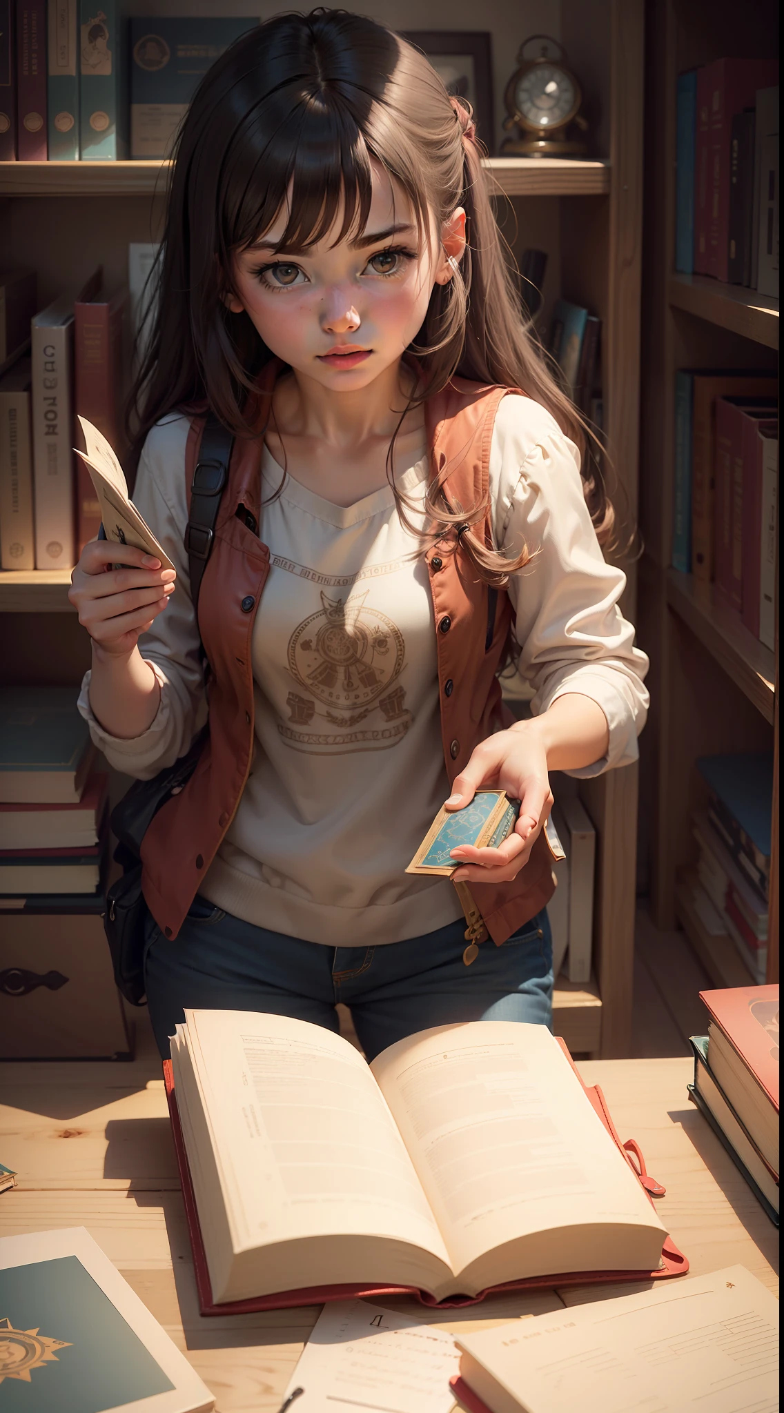 Illustrate mia opening the magical book and finding the mysterious contraption inside