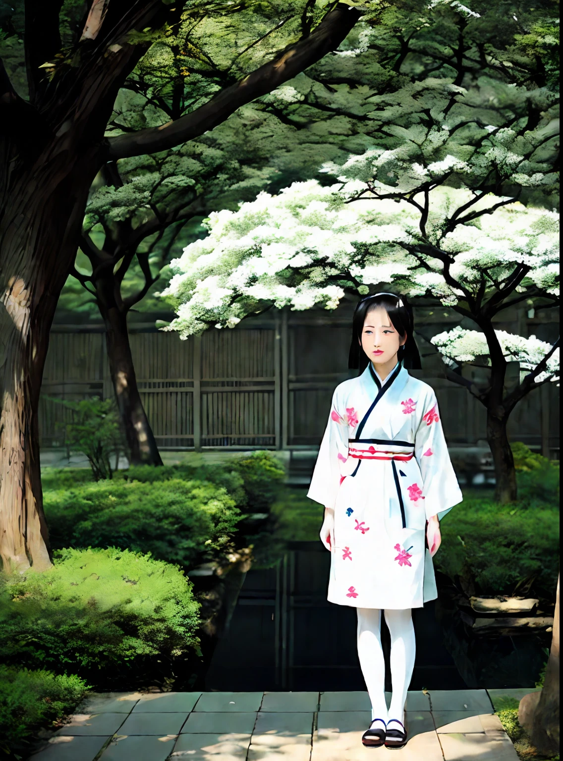 A la Fed woman in kimono,Standing alone under a tree,Her white mask stands out in the silent night。Her kimono is embroidered with strange butterflies,It's like telling a horror story that no one knows。She wears a pair of traditional clogs,Make a clicking sound,It is especially clear in the silence of the night。She wore a pair of delicate white stockings