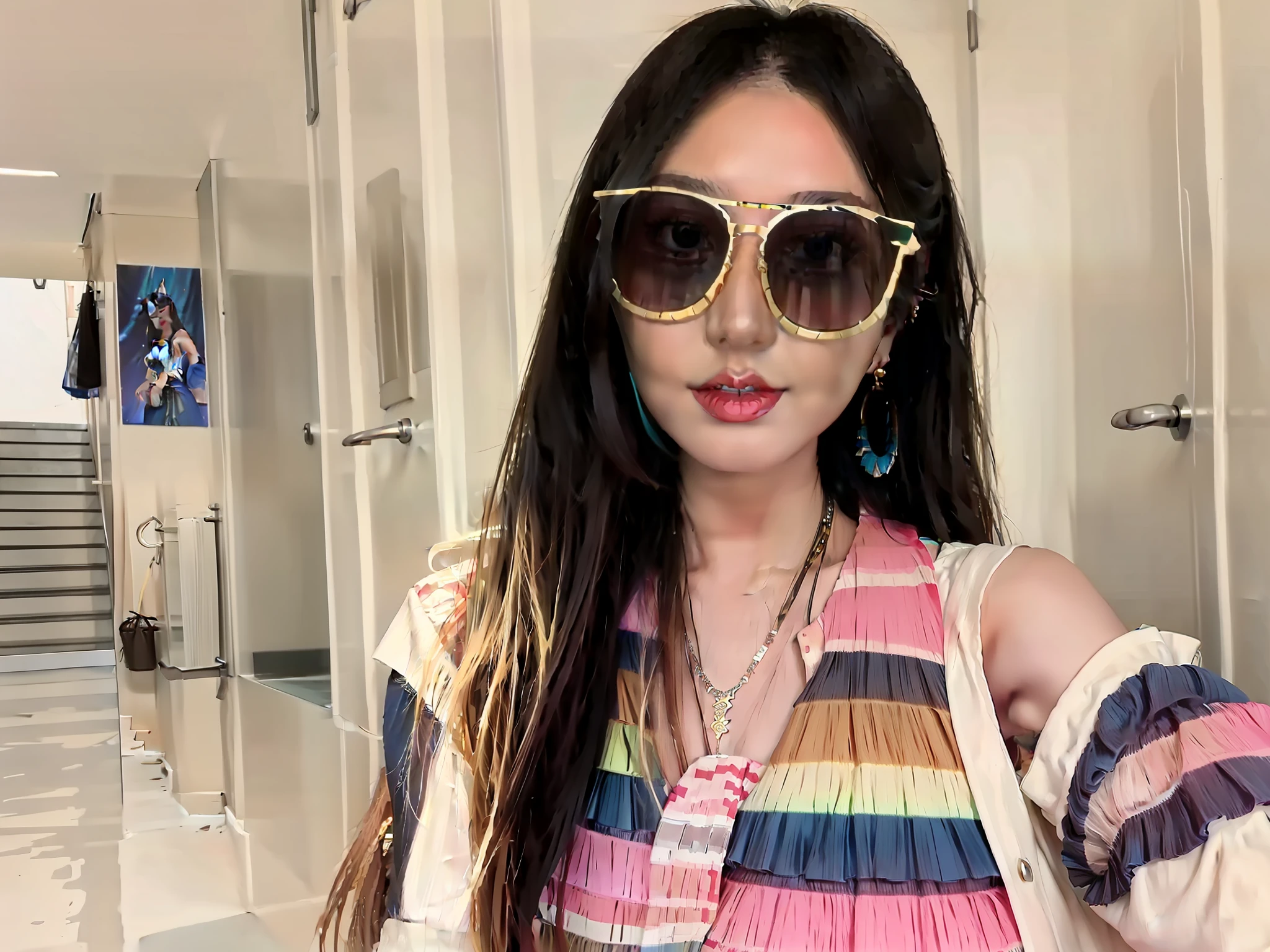 best quality, master piece
1 girl, upper_body, cowboy_shot
Wrap-around top, Palazzo pants, Wedge sandals, Tassel earrings, and layered bracelets.
