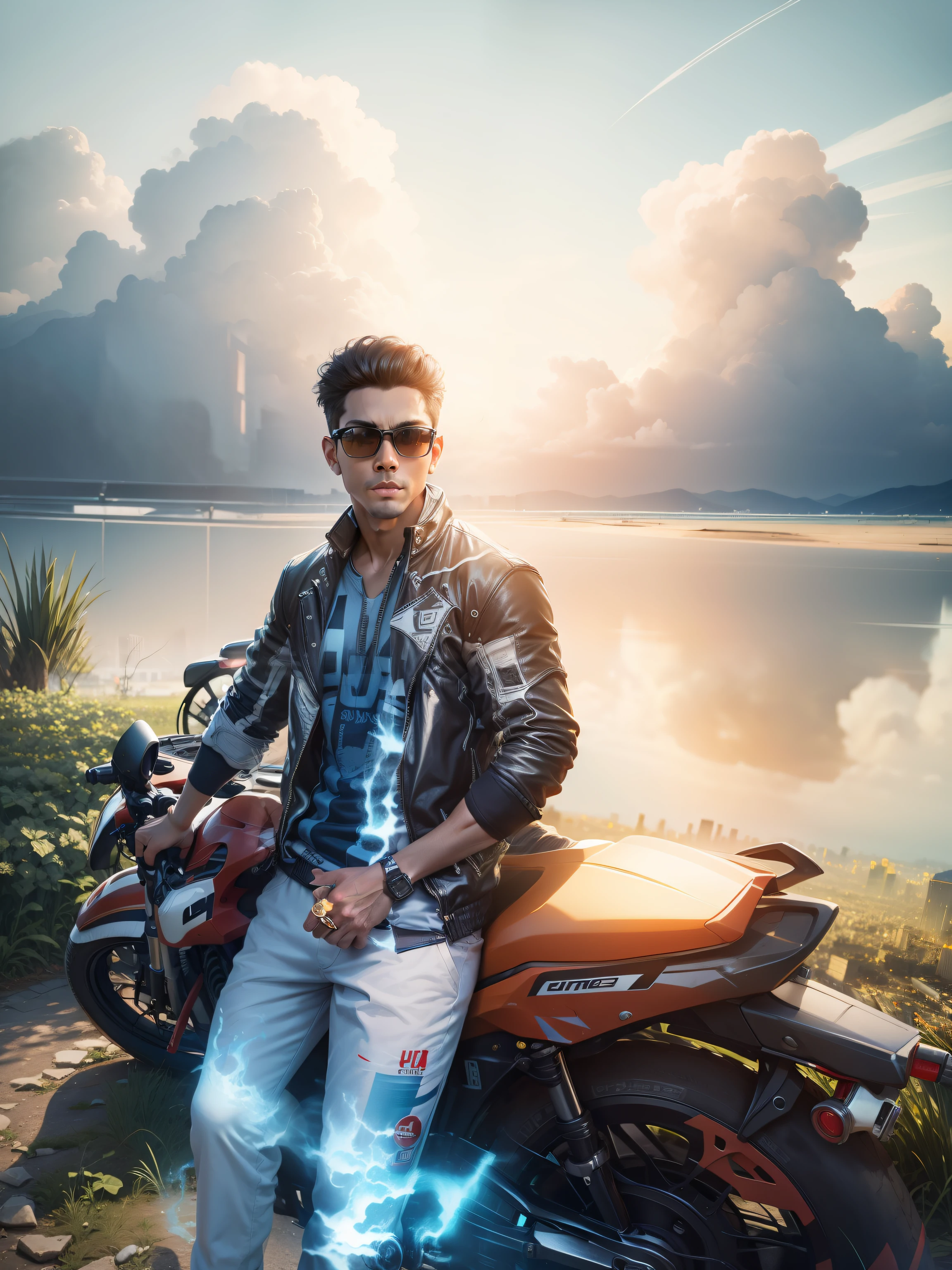Change background city handsome boy with bike pose,4k,ultra HD
