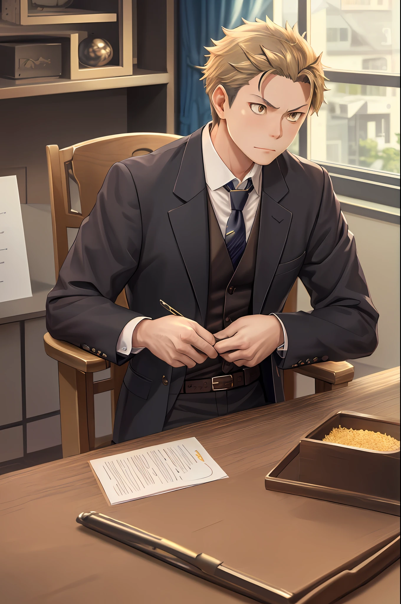 （1 Adult male），A high resolution， Sharp focus， Pixiv masterpiece， （（Complicated details））， highly  detailed， natsuki_subaru， 1 man， Serious，full bodyesbian， Golden eyes（eyes glowing）， with short golden hair，white  shirt，Wear a tie，Wear a belt，perspire，look from down
