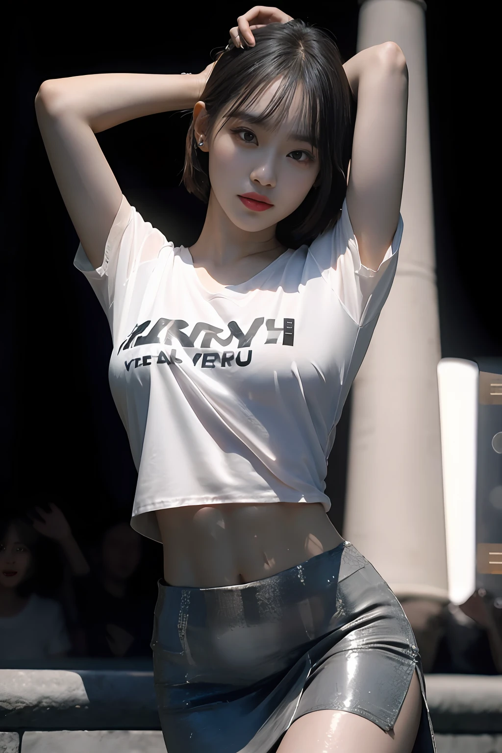 8K RAW photos, high resolution, 19-year-old Korean, big round breasts, cleavage, trained abs, super cropped length T-shirt, skirt, eyes beautiful in detail, long eyelashes, beautiful double eyelids, eye shadow, slit eyes, elongated eye shape, Sanpaku eyes, dark eye makeup, evil smile, beautiful thin legs, short hair, hair tied behind the head, earrings, light brown hair, hands raised and tongue out, wet t-shirt, sheer t-shirt