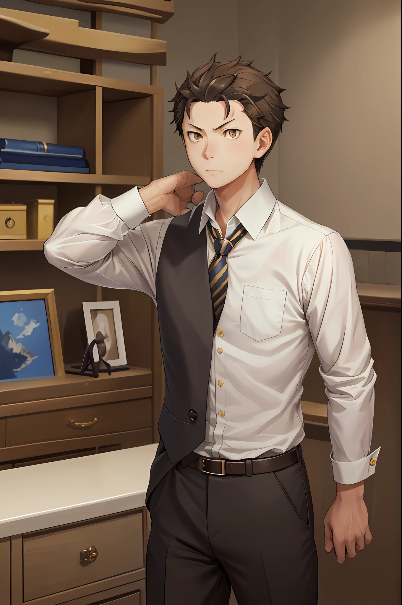 (1 Adult male),A high resolution, Sharp focus, Pixiv masterpiece, ((Complicated details)), highly detailed, natsuki_subaru, 1 man, Serious,full bodyesbian, Golden eyes(eyes glowing), with short golden hair,white shirt,Wear a tie,Wear a belt,perspire,look from down