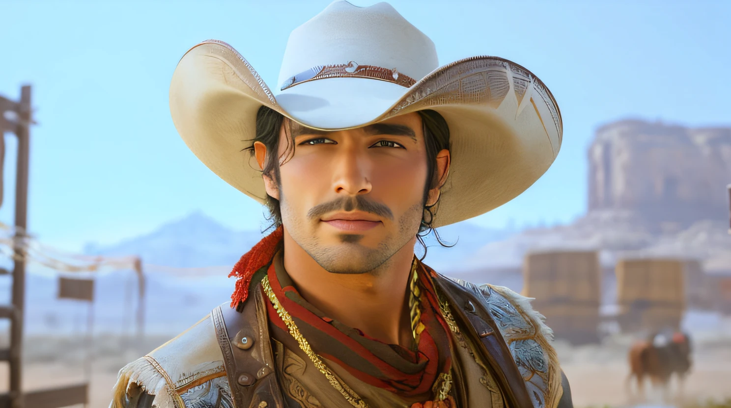 Allard man in cowboy hat and red scarf, cowboy, really good looking face!!, Star, Jesse McCree, roguish smirk, [ Western film ], harsh good looking face, X, Pretty face!!, handsome prince of persia, closeup cleavage!!, alejandro, Cowboy portrait man, Handsome man, Wear a cowboy hat, [Epic