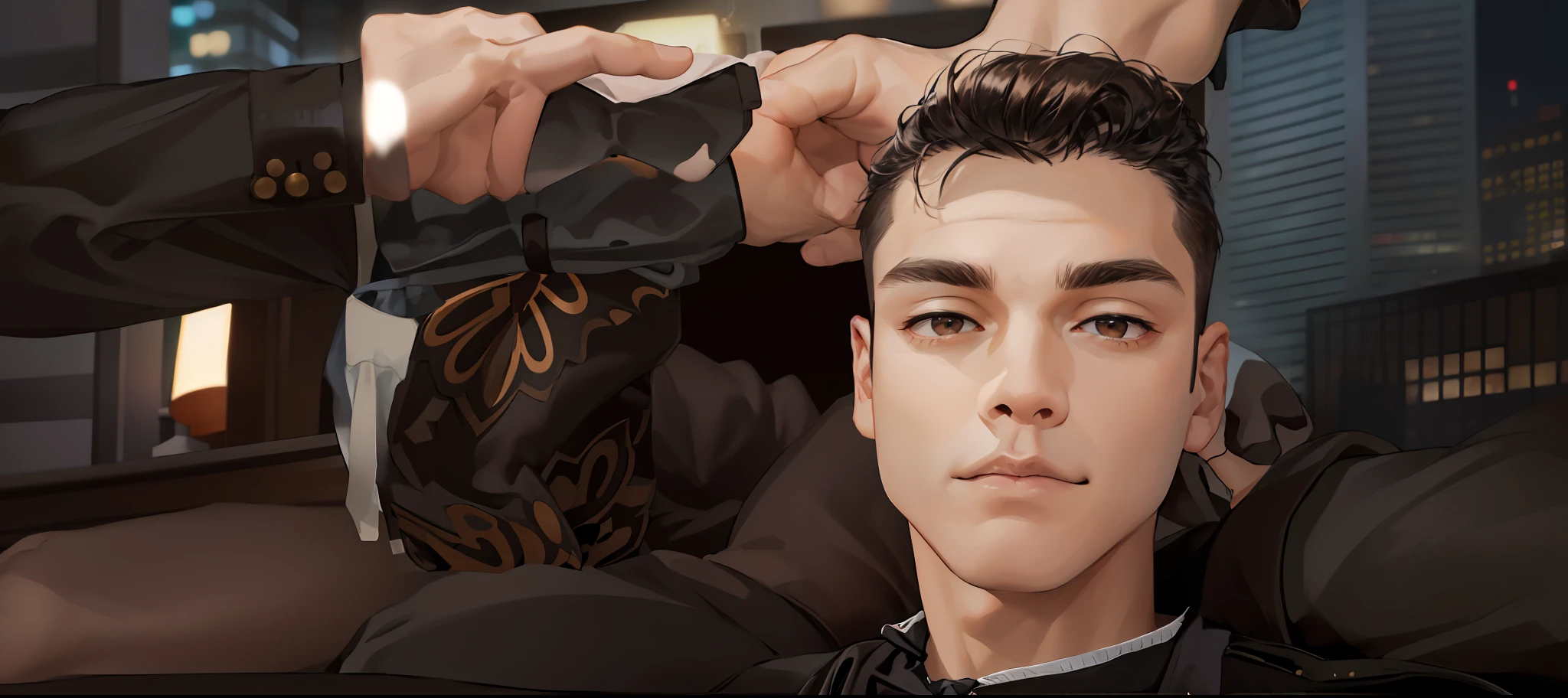 realistic, (absurdres, highres, ultra detailed), 1 male, solo, mature, tall muscular guy, broad shoulders, handsome, very short hair, black hair, pomade, brown eyes, angular jaw, thick neck, thick eyebrows, night, dark, the night view of the city background, formal suit, necktie, upper body. With a reality face
