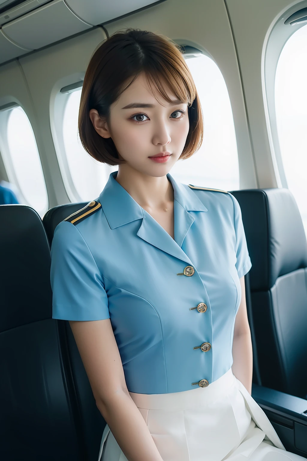 photo of a ultra realistic 4k, hyper realistic, focused, perfect face, beautiful face, lots of fine detail, photography, photorealism, the highest quality, the highest detail, Third-Person View, Long Exposure, 8K, Ultra-HD, ultra details, award-winning photography,
stewardess, in airplane, short hair, ponytail, Korean, Korean idol, Korean beauty, full body, white skirt, blue short sleeve Korean airline uniform,