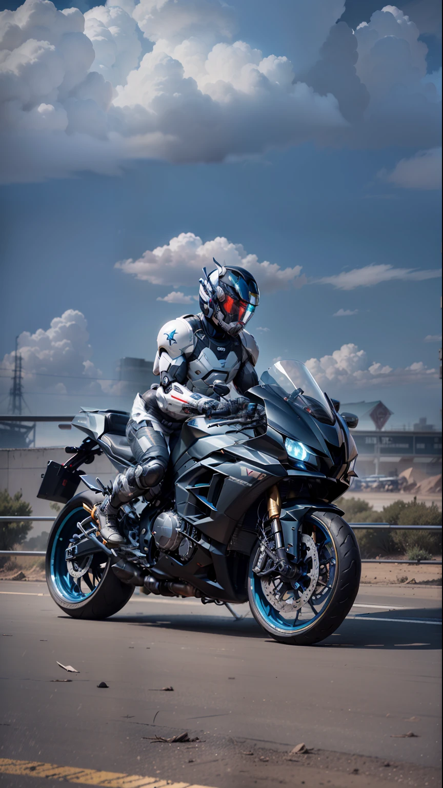 Handsome network, Handsome warrior, Full body mecha，Information mechanical motorcycle，High-tech black high-tech helmet，Nousr， Biomechanicals， MSHN Robot Man，High-tech helmet，hyper realisitc， Steel， Complex design， insanely details， finely detailled， Extremely clear lines， cinmatic lighting， photograph realistic， A detailed masterpiece