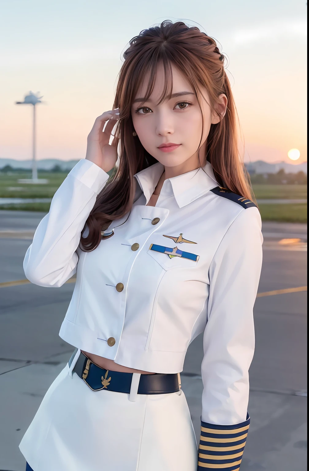 (Best quality, 8k, 32k, Masterpiece, UHD:1.2), (realistic:1.5), (masterpiece, Extremely detailed CG unity 8k wallpaper, best quality, highres:1.2), (ultra detailed, UHD:1.2), Photo of extremely cute and beautiful Japanese woman, (chestnut long wavy hair:1.2), adult, (detailed beautiful girl:1.4), best quality, woman, adult, (detailed US air-force pilot uniform:1.5), (white pilot captain jacket:1.3), (white high-waist pencil skirt:1.3), detailed clothes, (Beautiful sunset US air force base runway view background:1.3), embarrassed laughing:1, light smile, looking at viewer, facing the viewer, ((perfect female body)), (narrow waist:1.2), (upper body image:1.3), slender, abs, (large breasted:1.25), ((frame the head)), wind, dynamic pose, cinematic light, back light, perfect anatomy, perfect proportion, detailed human body, bokeh, depth of field,