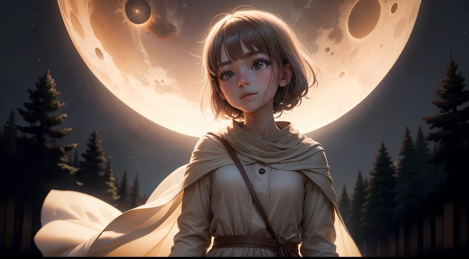 In the center of the image, we see Lily standing at the edge of the village, wearing a simple, earth-toned dress that reflects her humble origins. Her bright, curious eyes are filled with determination as she gazes toward the forest with a mix of excitement and apprehension. The moon, depicted as a large, glowing orb, hangs prominently in the night sky, casting a soft, silvery light upon the entire scene.