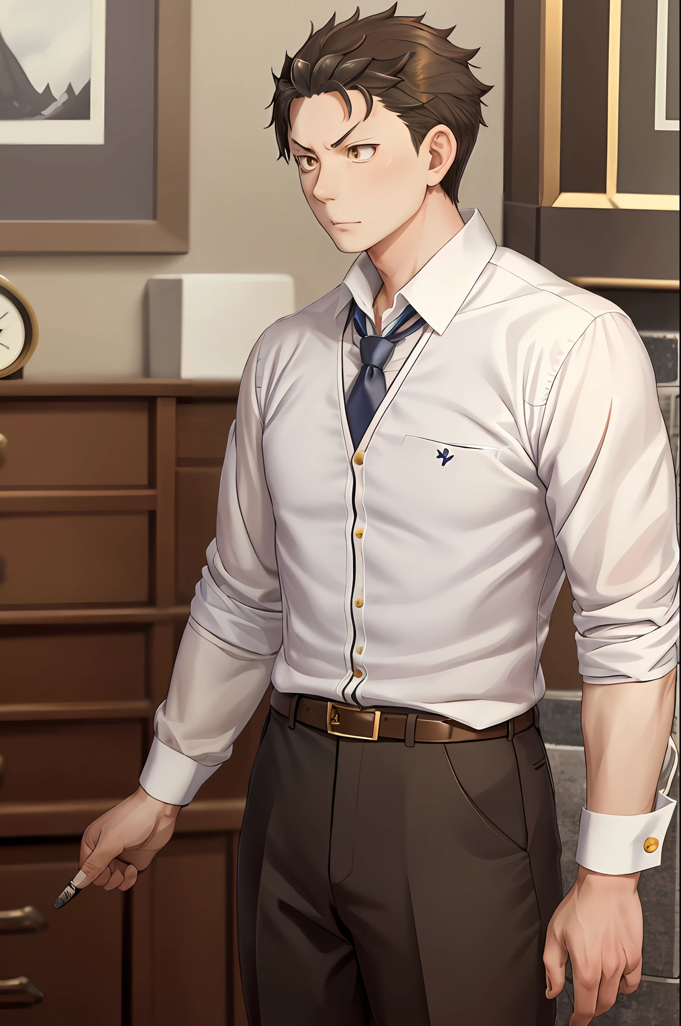 （1 Adult male），A high resolution， Sharp focus， Pixiv masterpiece， （（Complicated details））， highly  detailed， natsuki_subaru， 1 man， Serious，full bodyesbian， Golden eyes（eyes glowing）， with short golden hair，white  shirt，Wear a tie，Wear a belt，perspire，look from down
