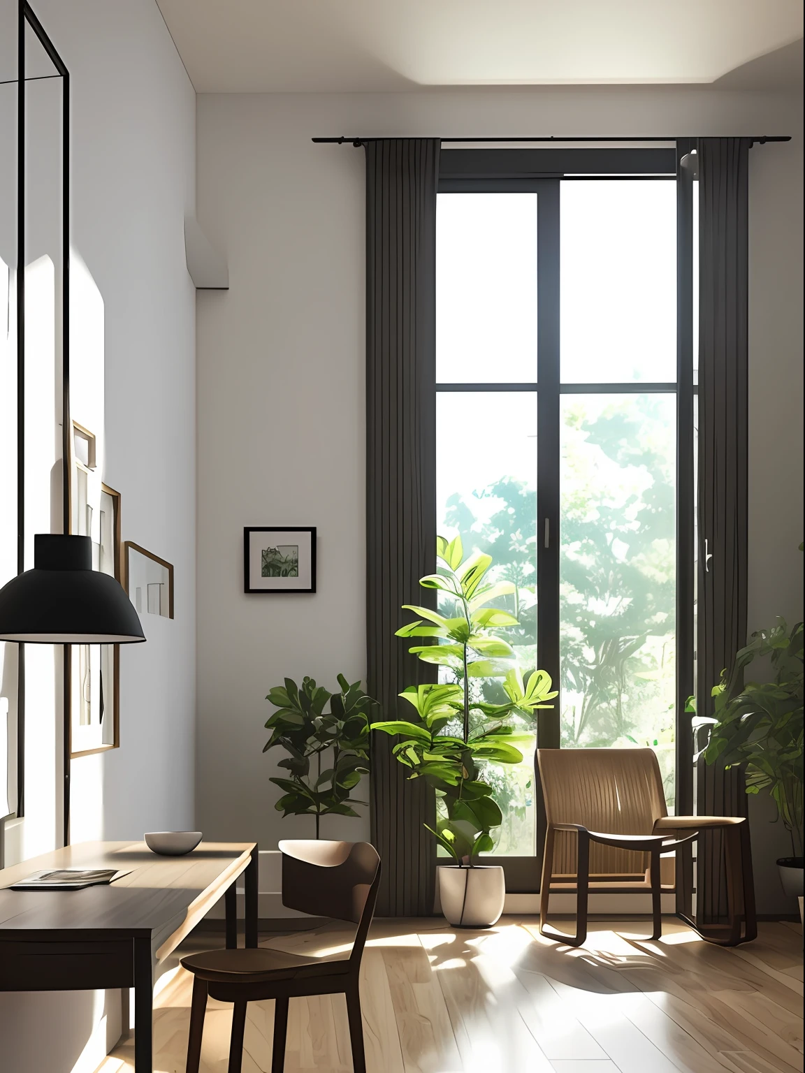In front of the window there is a table with backrest computer chairs, embellished with greenery, realistic afternoon lighting, realistic soft lighting, volumetric natural light, rendered in V-Ray, daylight made with a blender, rendered in POV-ray, anime. Soft lighting, rendered in 3 DSMAX, detailed natural lighting, atmospheric rendering, soft natural volume lighting, realistic rooms, painted line drawings