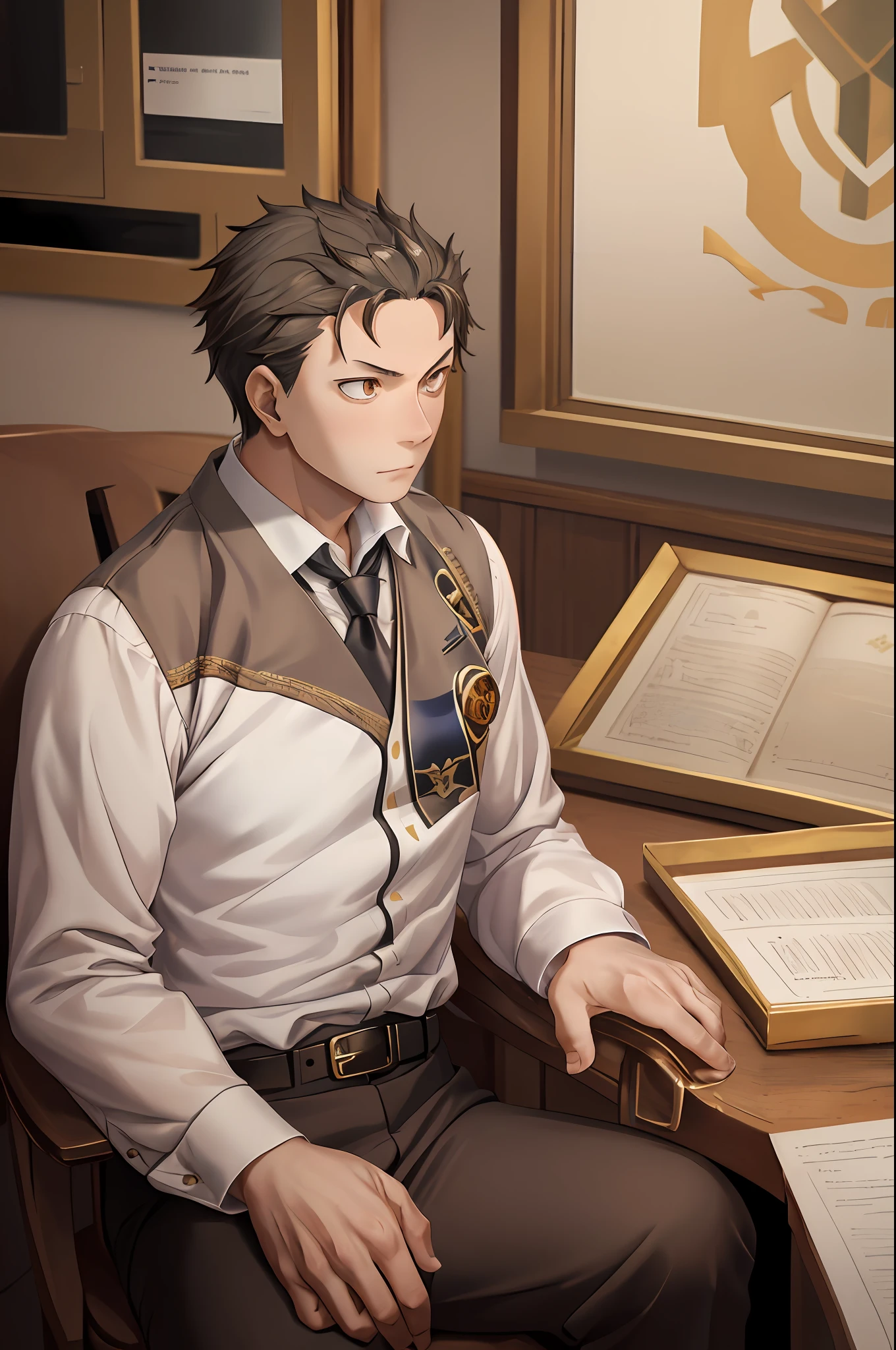 （1 Adult male），A high resolution， Sharp focus， Pixiv masterpiece， （（Complicated details））， highly  detailed， natsuki_subaru， 1 man， Serious，full bodyesbian， Golden eyes（eyes glowing）， with short golden hair，white  shirt，Wear a tie，Wear a belt，perspire，look from down
