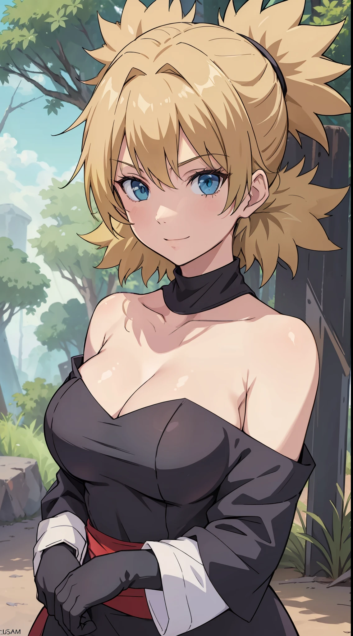 one-girl，with a good figure，Upper body photo，sportrait，HighestQuali，Off-the-shoulder attire，cleavage，Bust photo，Greenery，the woods，k hd，Be red in the face，ssmile，clear photo，8K quality，tmasterpiece