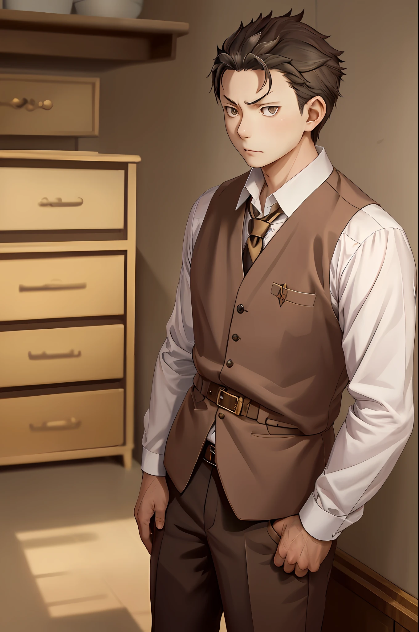（1 Adult male），A high resolution， Sharp focus， Pixiv masterpiece， （（Complicated details））， highly  detailed， natsuki_subaru， 1 man， Serious，full bodyesbian， Golden eyes（eyes glowing）， with short golden hair，white  shirt，Wear a tie，Wear a belt，perspire，look from down