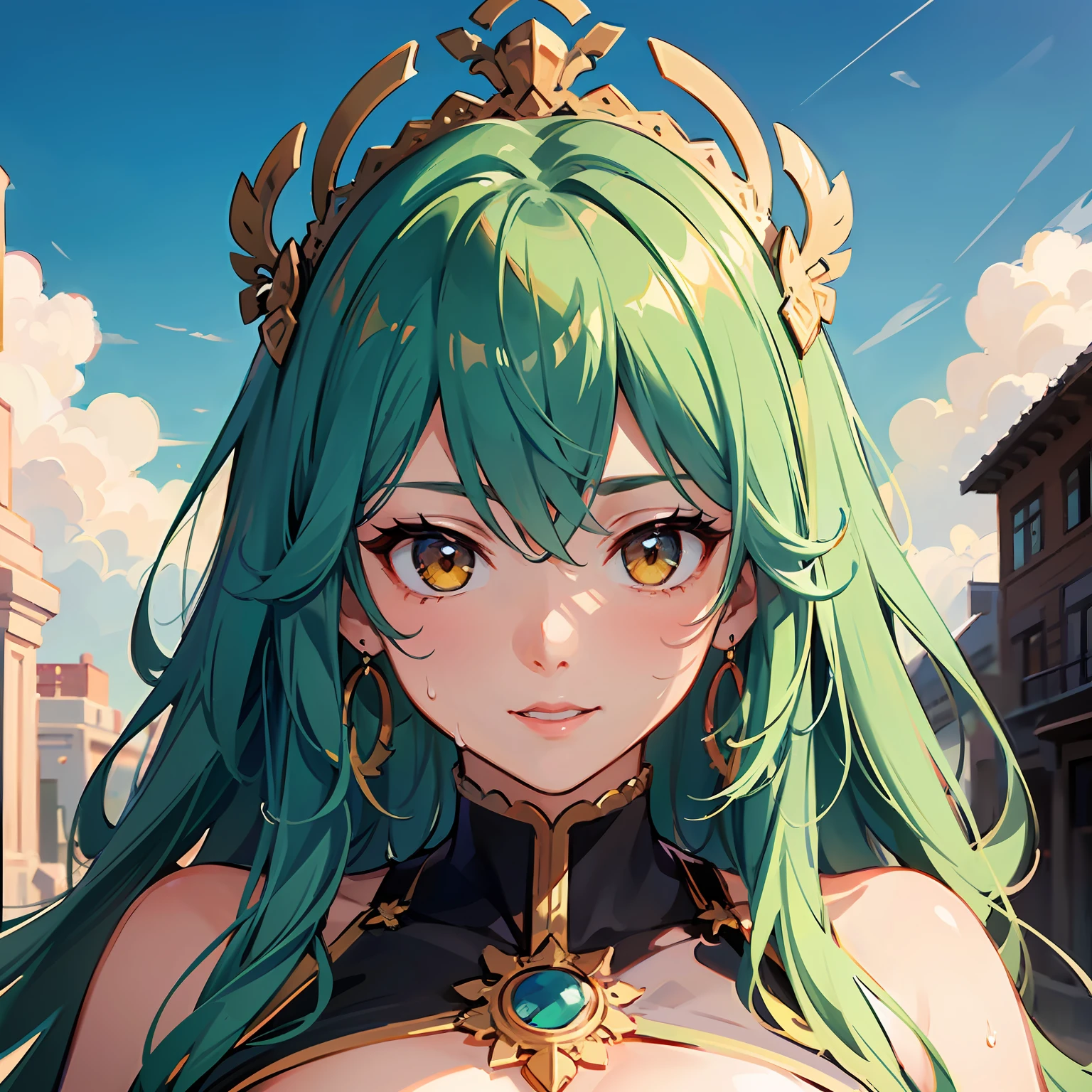 Nout, ((goddess of the sky)) incarnation of the starry sky, (masterpiece, 4k, best quality, highly detailed, 1girl, solo), 1girl, yellow eyes, green hair, long hair, earrings, background is the sky, (mother, wife), smile, mature woman, has many children, ((super huge breasts)), sweat, Egyptian style, absurdres, perfect anatomy, standing, bare shoulders, sleeveless, perfect flesh full of texture, charming visual enjoyment, ((best quality)), (masterpiece), ((masterpiece)), illustrations, (super detailed face), (perfect face), sharp textures, ultra HD detail display, excellent image performance, high quality illustrations, perfect fit harmonious tones, deep lines, precise brush strokes, intricate details landscape
