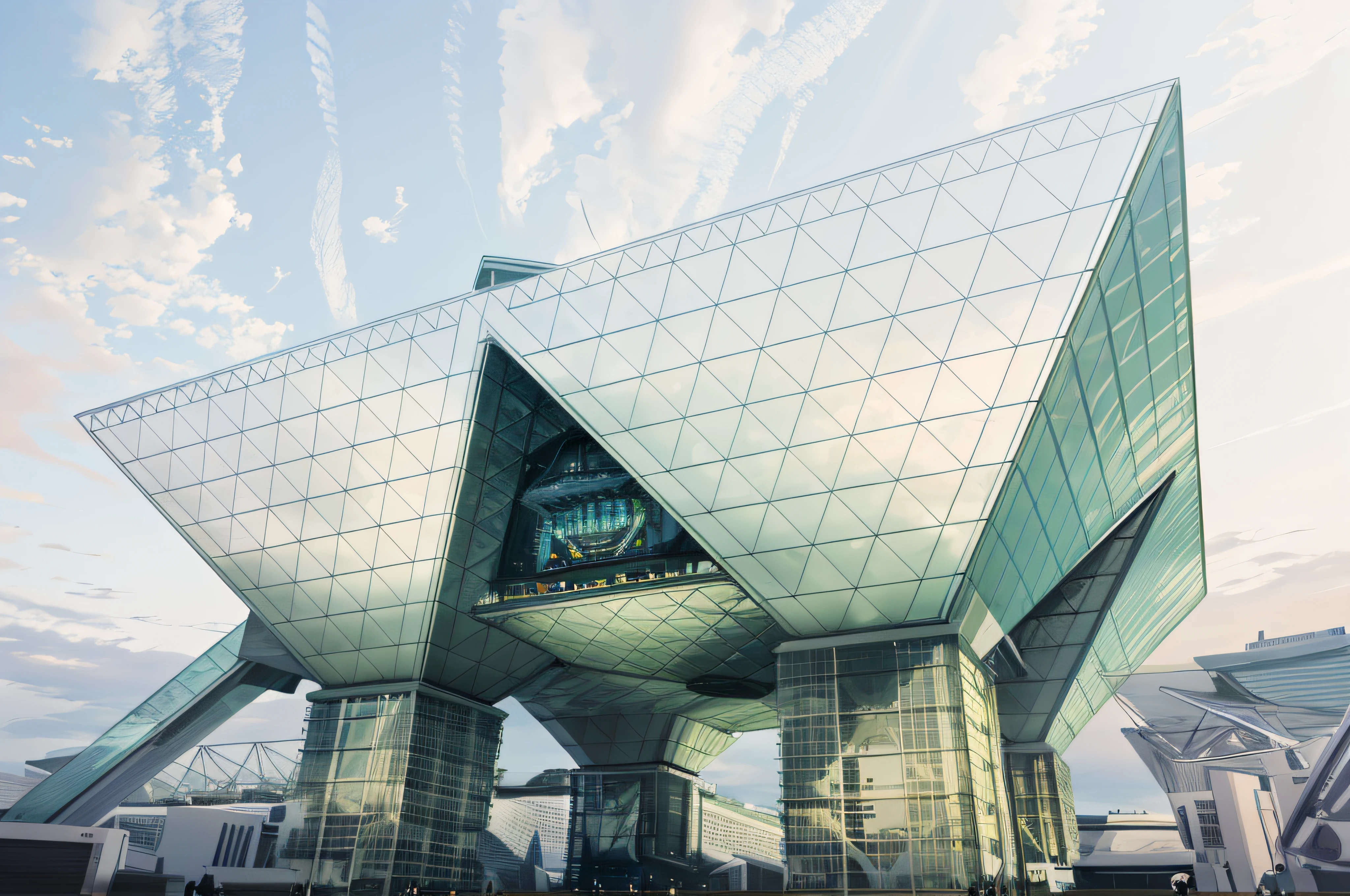 There is a large building, the photo shows a large, Huge futuristic building, Siggraph, 3/4 View from below, shot from a low-angle, low angle wide shot, Dynamic Low Angle Shots, shot from a low-angle, Cinematic view from low angles, View from below, Cool Sky Dome Tokyo Big Sight