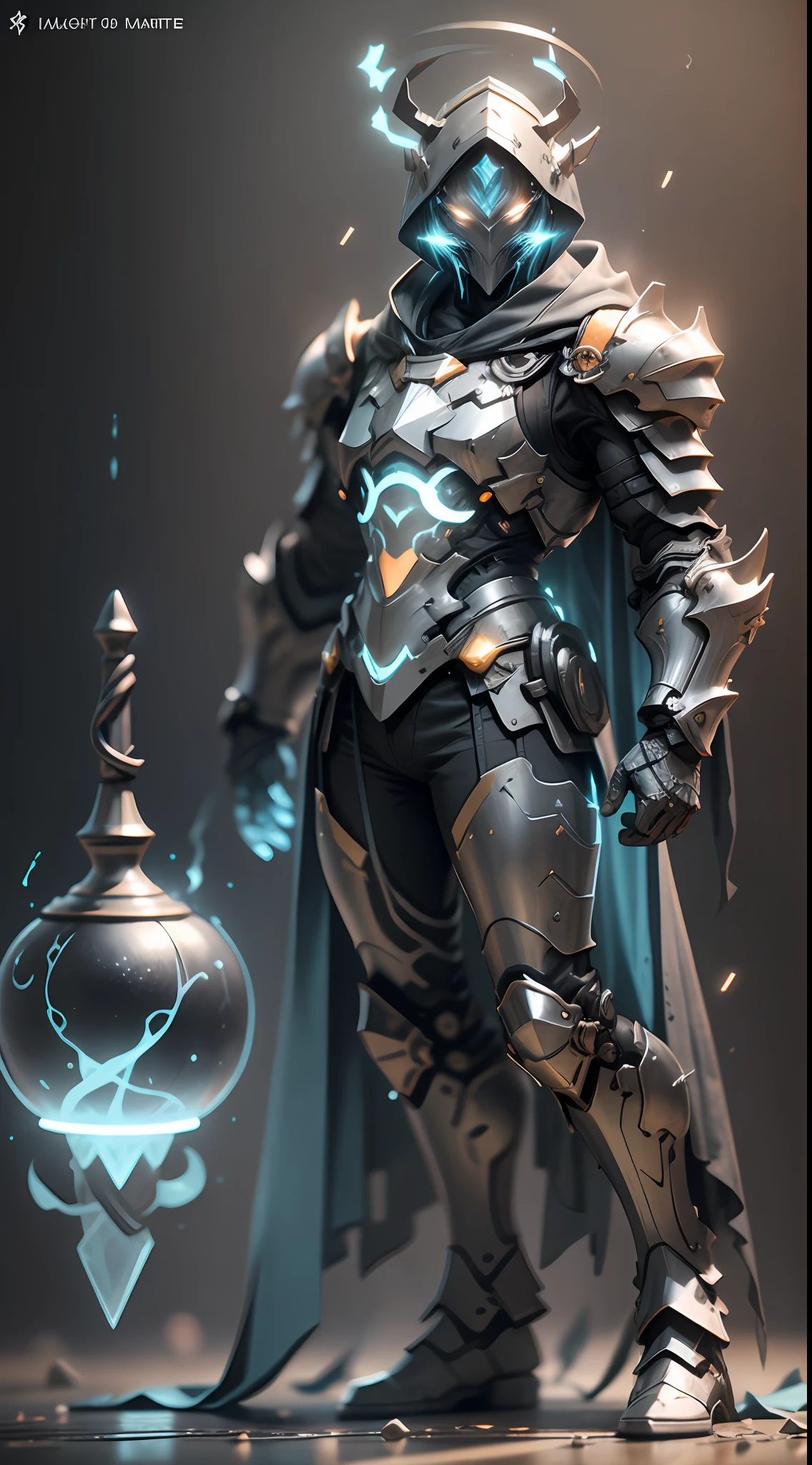 Ghost armor holding huge ice wand, mage, full body ice blue armor, super cool ghost mage, wearing ice blue cloak, huge staff, magic ball, magic casting pose, tall figure, glowing eyes, tall figure, perfect body proportions, super detail, IP by pop mart, edge light, avatar, octane rendering, blender, full body, clean black background, 3d, c4d, best quality, very detailed, ancient technology, HDR (high dynamic range), Ray Tracing, NVIDIA RTX, Super Resolution, Unreal 5, Subsurface Scattering, PBR Textures, Post-Processing, Anisotropic Filtering, Depth of Field, Maximum Sharpness and Acutance, Multi-layer Textures, Albedo and Highlight Maps, Surface Shading, Accurate Simulation of Light-Material Interactions, Perfect Proportions, Octane Rendering, Two-tone Lighting, Low ISO, White Balance, Rule of Thirds, Wide Aperture, 8K RAW, High Efficiency Sub-Pixel, Subpixel Convolution, Luminous Particles, Light Scattering, Tyndall Effect