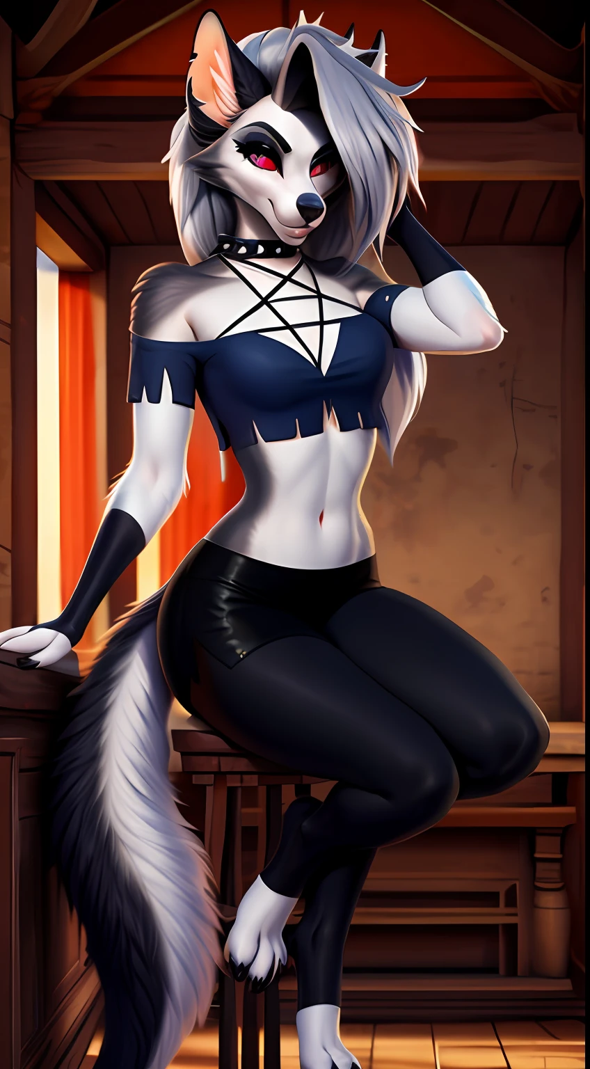 von Personalami, Loona, Helluva-Boss, Loona von Helluva-Boss, weiblich, (detailliert), fotorealistisch, ((klare strukturelle Details)), detaillierter Realismus, (((detailed eyes))), schlank, 4K, excellent quality, hohe Details, (seductive), Zenematische Beleuchtung, ((Schwanz richtige Position)), Chinesischer Tempel, full entire body, 1girls, Kung Fu Kleidung, Kampf Pose
