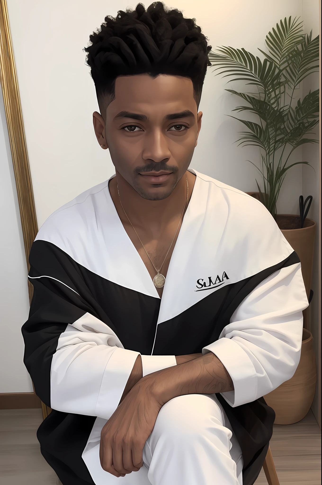 Uma foto real, corpo inteiro, rico em detalhes de um menino cabeleireiro, de 1.84 de altura e 75 quilos, 28 anos, cabelos loiros escuros e olhos escuros, BARBA BAIXA, Hispanic traits, up to, He's in a more relaxed pose, with almost lateral angle, ele seria facilmente confundido com algum modelo magro por sua beleza, pele clara, apathetic emotional aspect with all-black clothes, He's on his feet, arms crossed and in the background the beauty salon where she works, The beauty salon is a bright and luminous environment, It is a light environment with white, Toneladas off-white, detalhes com cadeiras vermelhas, detailed facial features, 35 mm, fotorrealista, pale peach , hiper-realista, detalhes intrincados, belos raios de luz filtrados, super realista a imagem