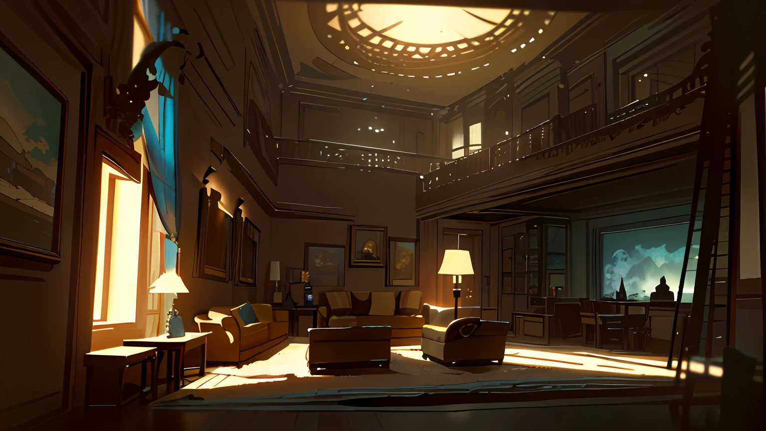 There is a drawing of a living room with a sofa and table, interior background art, Relaxing concept art, Detailed 4K concept art, concept art highly detailed, Dramatic lighting. concept-art, Visual development, concept-art. 8 k'', concept art scene, inspired by senior environment artist, concept art style, Anime landscape concept art, by senior environment artist