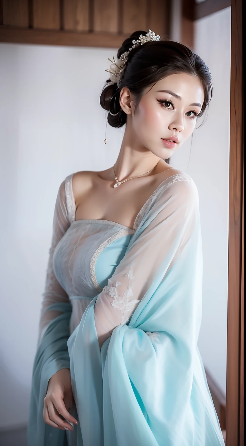 Fashion model 20 years old [[[[closeup cleavage]]]], [[[[boobgasm]]]], [[[[coll]]]], [[[[bshoulders]]]], perfect  eyes, Perfect iris，Perfect lips，perfect teeth，Perfect skin，Long face，slender nose，tall nose bridge，Soft front light，hdr，Movie girl，Simple hairstyle，light make-up，Casual，（pastel colour：1.2）