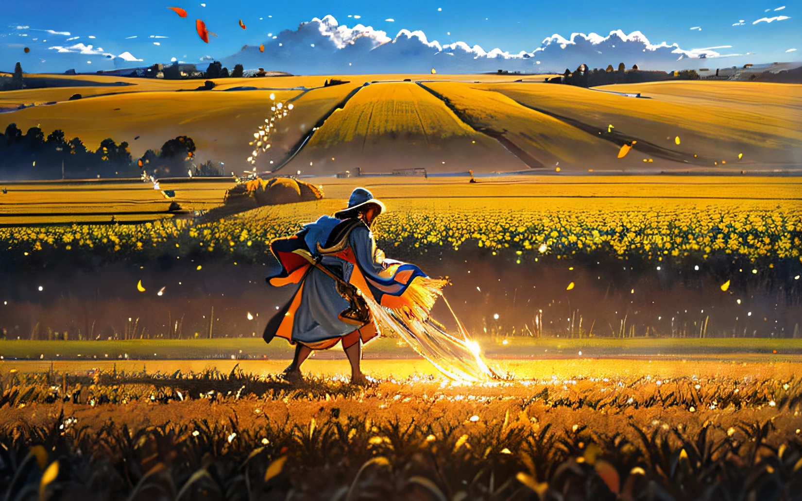 Oil painting of a man in biblical robes working in his field, throwing seeds to the ground,grandioso, cores vivas da luz do sol quente