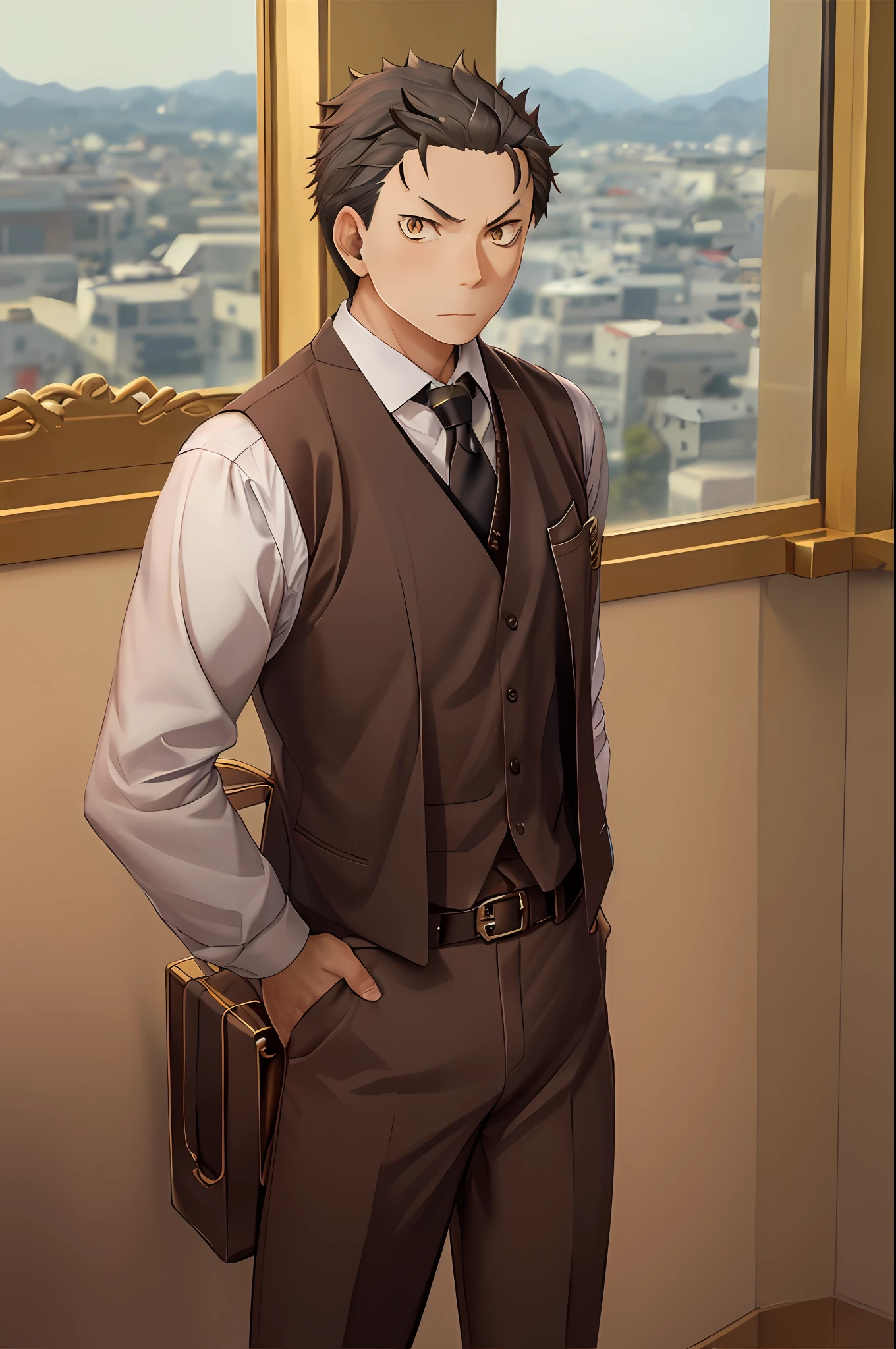(1 Adult male),A high resolution, Sharp focus, Pixiv masterpiece, ((Complicated details)), highly detailed, natsuki_subaru, 1 man, Serious,full bodyesbian, Golden eyes(eyes glowing), with short golden hair,white shirt,Wear a tie,Wear a belt,perspire,look from down