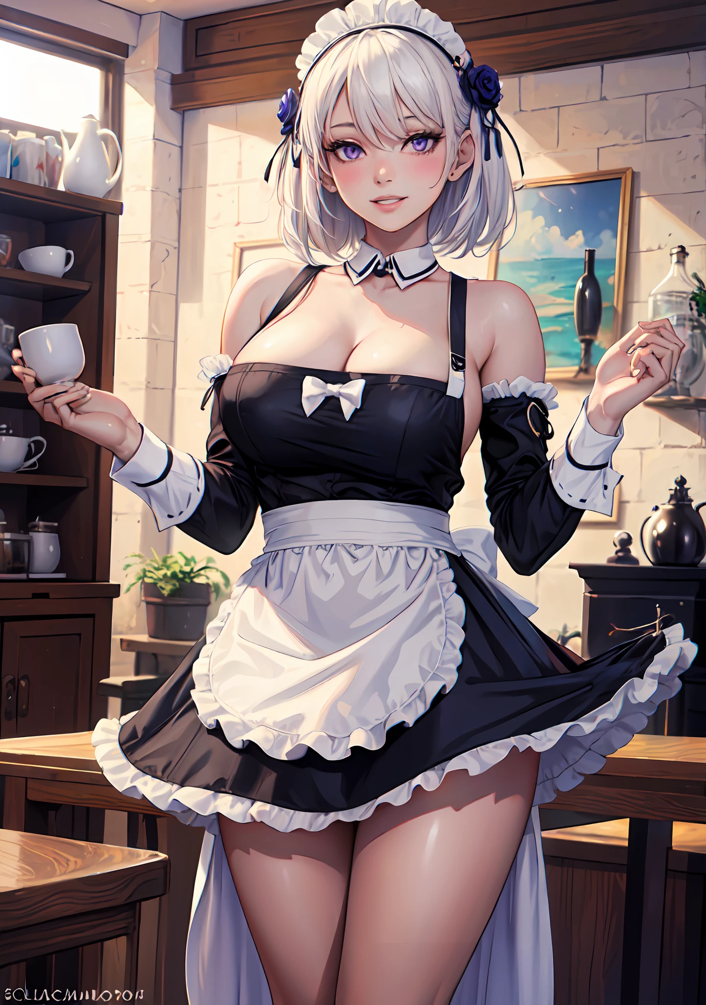 ((((masterpiece, best quality, high resolution)))), 1girl, white hair, purple eyes, short wavy hair, average breasts, blush, light smile, parted lips, glow, thighs, bare shoulders, collarbone, narrow waist, cleavage, (beautiful detailed face, beautiful detailed eyes), long slender thighs, perfect eyes, (maid outfit, maid apron, maid headband), (sunbeam, sunlight, rose, wind, cafe), nsfw,sciamano240