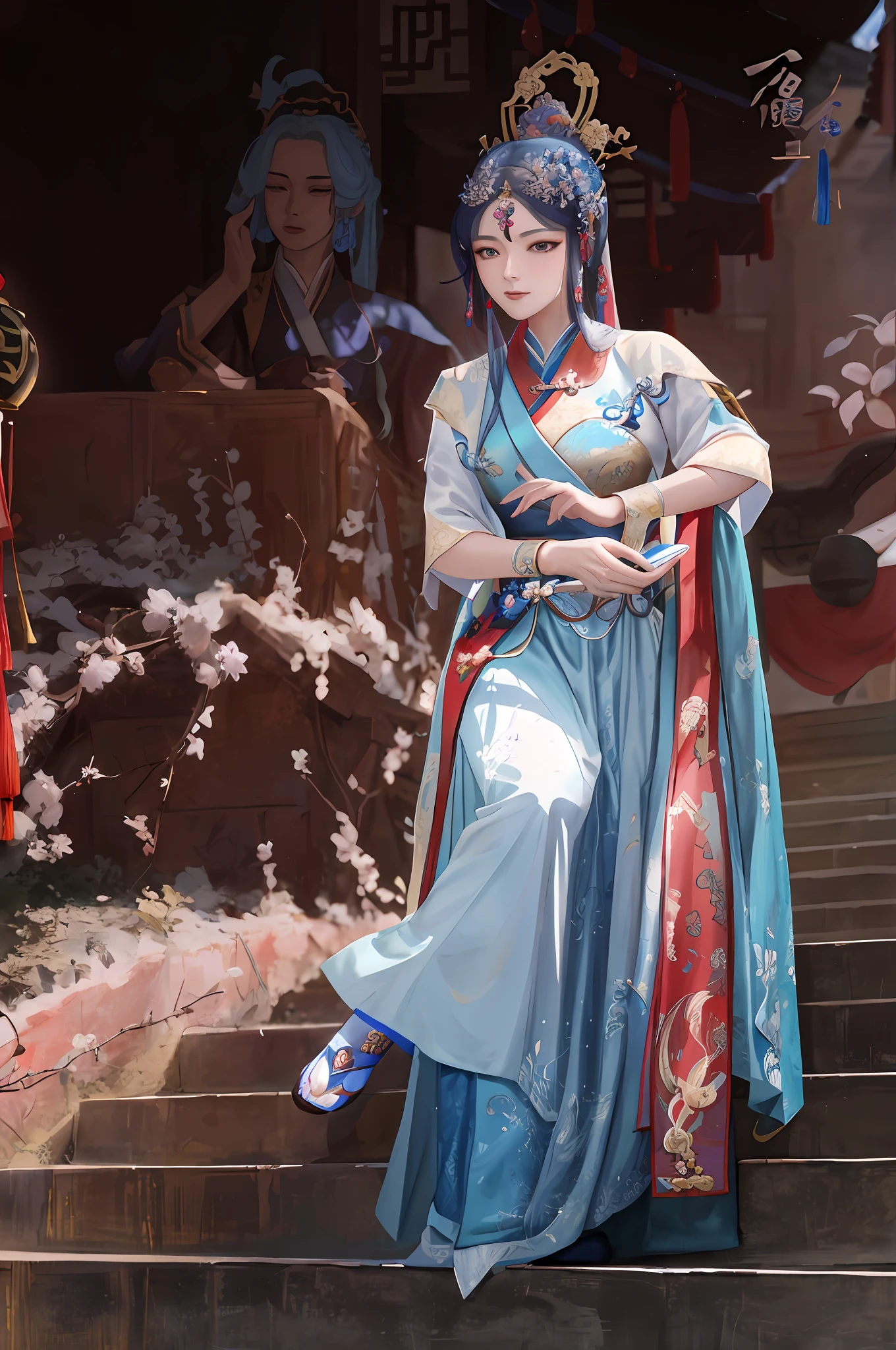Arad woman in blue dress sitting on the stairs, Palace ， A girl in Hanfu, Wearing ancient Chinese clothes, Inspired by Qiu Ying, Traditional Chinese clothing, Inspired by Lan Ying, inspired by Tang Yin, Hanfu, Princesa chinesa antiga, Inspired by Tang Yifen, Chinese costume, with ancient chinese aesthetic, ancient chinese beauti