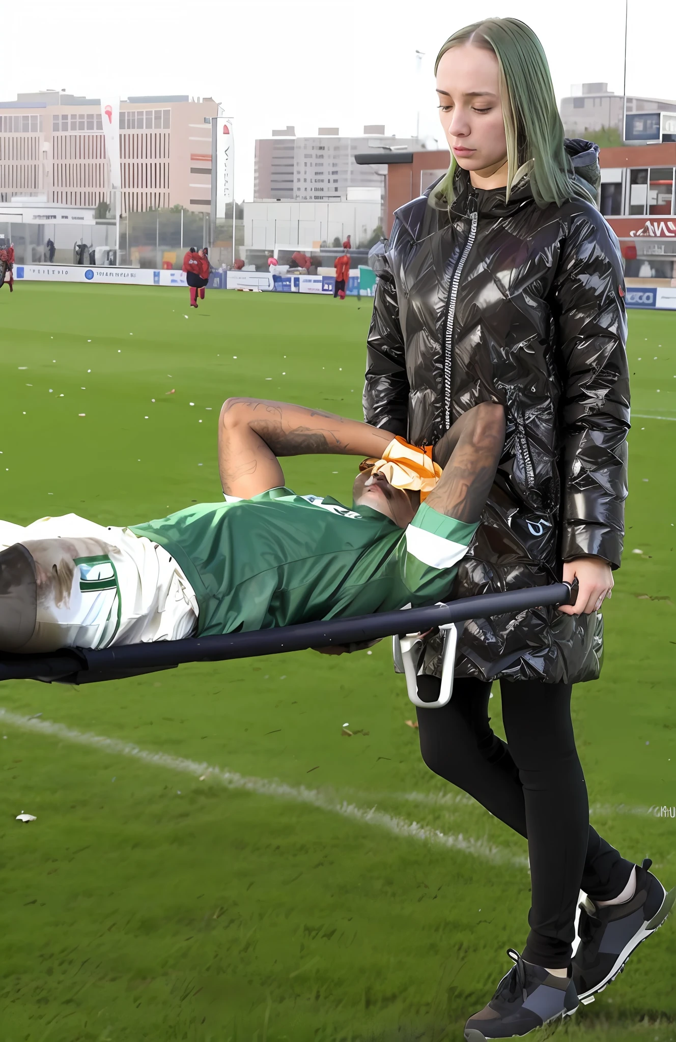 an excessively madeup age girl in a laquered coat, a passionately shouting teengirl in a laquered coat, there is a sportsman in white shorts and a white t-shirt lying injured on a stretcher, there is an injured sportsman who is covering his face on a stretcher, an injured sportsman is covering his face with his hands, an injured sportsman is writhing in ecstasy on a stretcher, dramatic pity pose, there is a latino woman in a high-shine puffy coat, a high-shine black down coat, a long black moncler coat, a wetlook down coat, a wet black laquered coat, a latino wife is wearing a wetlook black uniform, injured, medic, very professional, soccer action pose, affection pose, lecherous action pose, dramatic action pose, theatralic pose, there is an attractive woman that is carrying a skinny man, there is a beautiful woman in a shiny coat who is carrying a blond man on a wetlook orange stretcher, a longhaired beautiful woman in a high-shine black puffy coat, a longhaired woman in a shiny downcoat, a woman is carrying a shorthaired man who is wearing shorts and a t-shirt, a weak man in spots shorts is consciousless and needs to be carried, a shorthaired man with closed eyes is carried on a stretcher by a longhaired woman, a woman looks very scared and terrified, a consciousless man with closed eyes is suffering very much and has a very painful face, photo, photo shoot, photographed , accident, help, aid, first aid, pity
