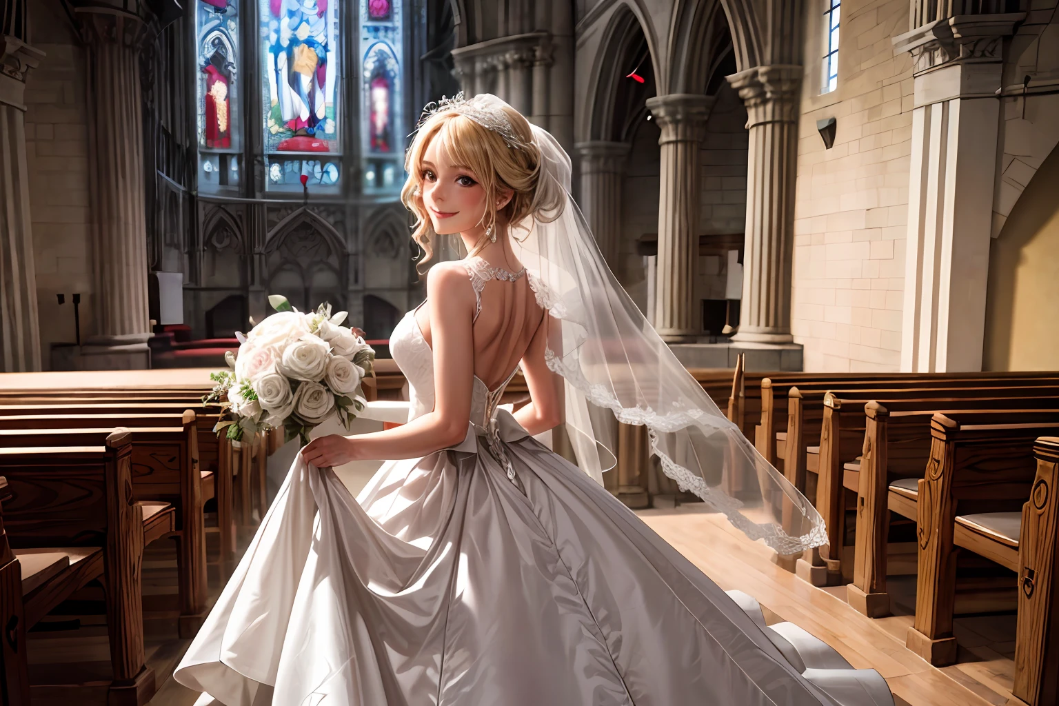 "beautiful  Girl，blond hairbl，Church wedding dress smile，Gaze at the camera with a bouquet in hand，Shyly looking back，wide wide shot"