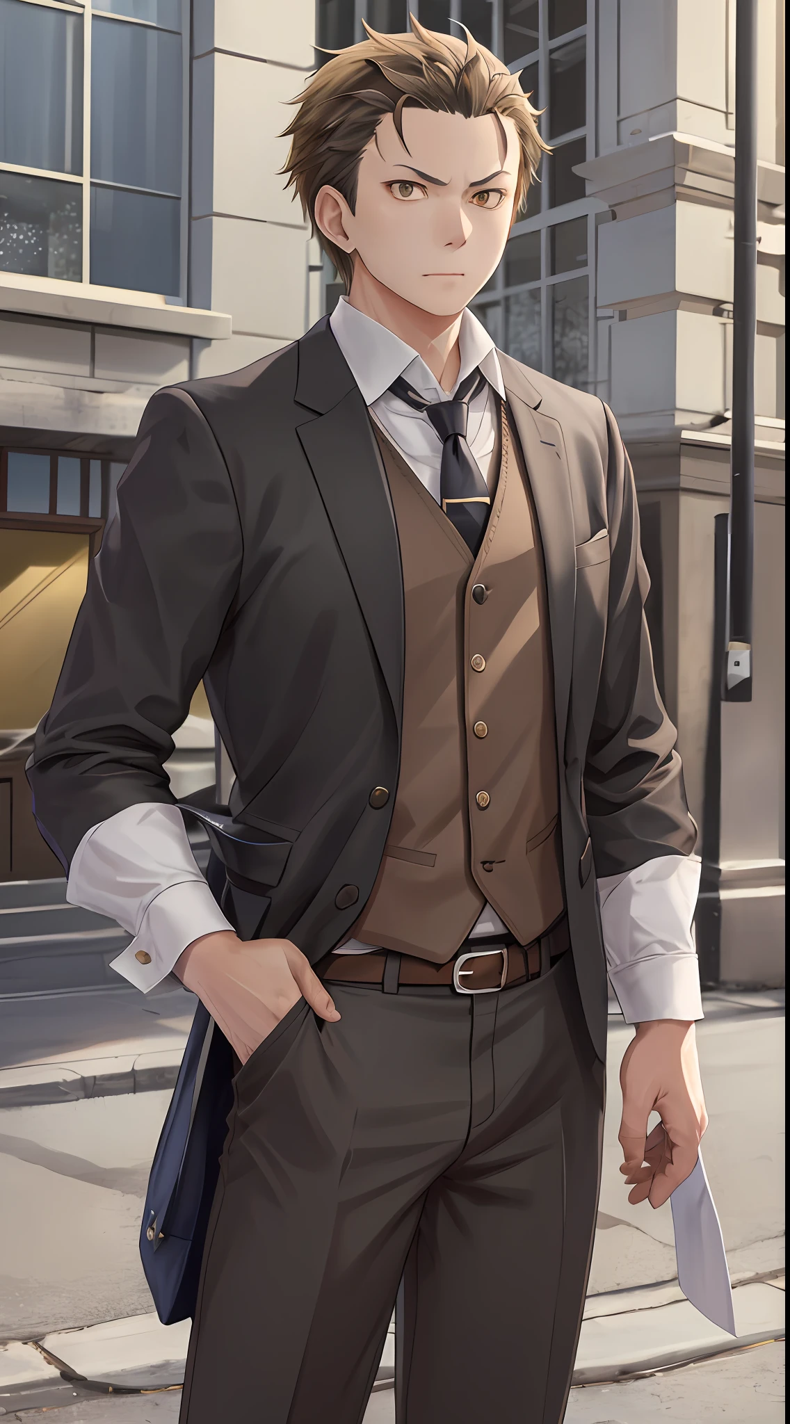（1 Adult male），A high resolution， Sharp focus， Pixiv masterpiece， （（Complicated details））， highly  detailed， natsuki_subaru， 1 man， Serious，full bodyesbian， Golden eyes（eyes glowing）， with short golden hair，white  shirt，Wear a tie，Wear a belt，perspire，look from down