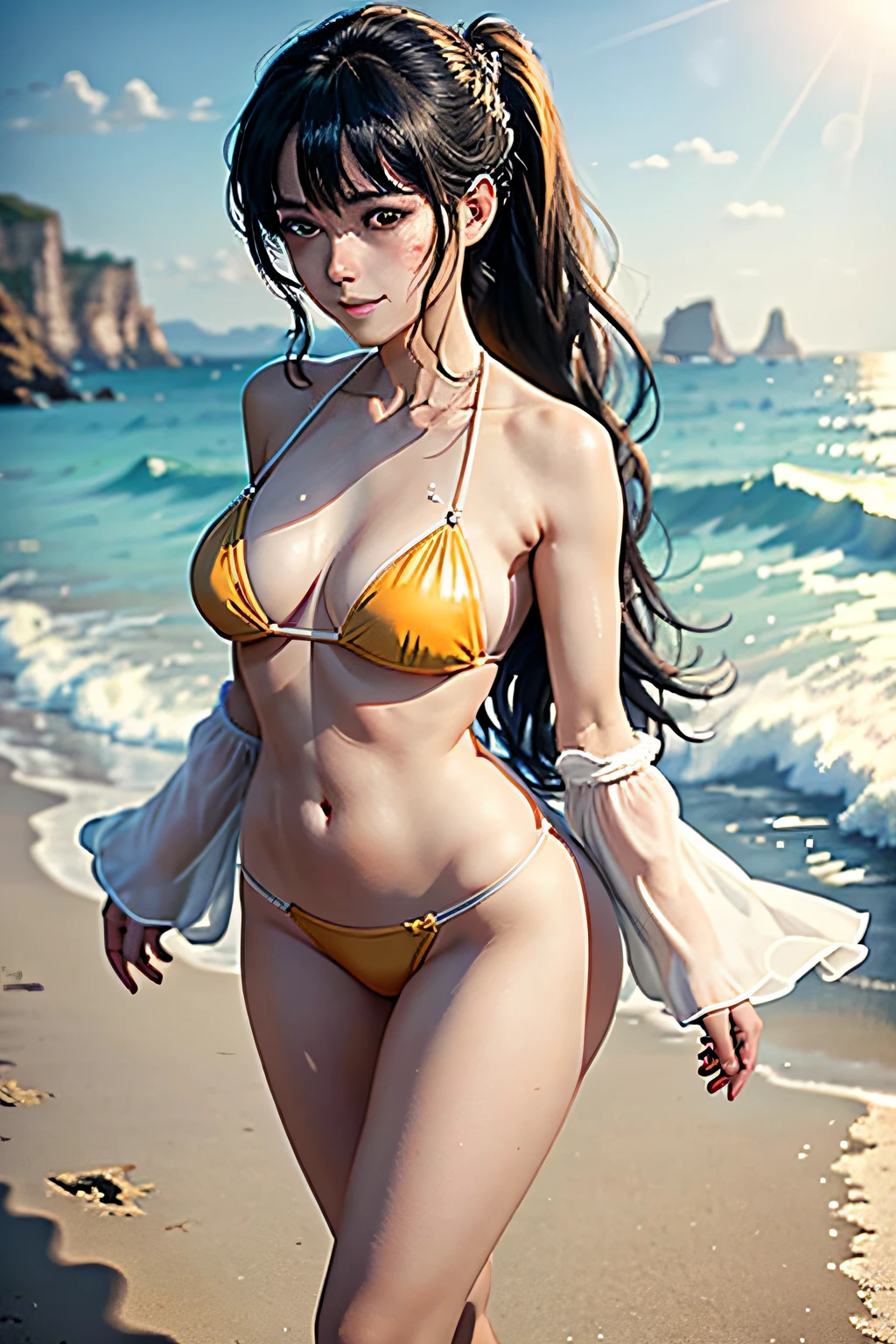 In a sunny and beautiful beach, the white sandy shore stretches out with crystal clear water shimmering under the sunlight. Standing in the center of the beach, a stunning girl appears, wearing a bikini that showcases her perfect curves and healthy skin. Her black hair is styled into two elegant ponytails that sway gracefully with the gentle breeze.

Her sun-kissed skin emits a healthy radiance. Her bright and clear eyes resemble two sparkling sapphires, exuding confidence and vitality. The delicate arch of her eyebrows accentuates her remarkable features, while a sweet smile blossoms on her lips, radiating captivating charm.

Her graceful figure exhibits impeccable proportion, with long and slender limbs. The bikini accentuates her slender waist and slim abdomen, showcasing her health and allure. Her well-defined chest stands out, captivating the gazes of passersby under the sunlight. Her legs, long and lithe, are both delicate and powerful, as every step she takes exudes a rhythm of confidence and charm.

As she strolls along the shoreline, her footprints gradually fade away in the soft sand. The sea breeze gently caresses her flowing tresses, creating a cooling sensation on her soft skin and bringing a sense of tranquility. From time to time, she glances back towards the distant horizon, her eyes filled with anticipation and joy.

In this beautiful summer scene, the girl with the bikini and twin ponytails exudes her unique charm and confidence, becoming the most enchanting sight on the beach.