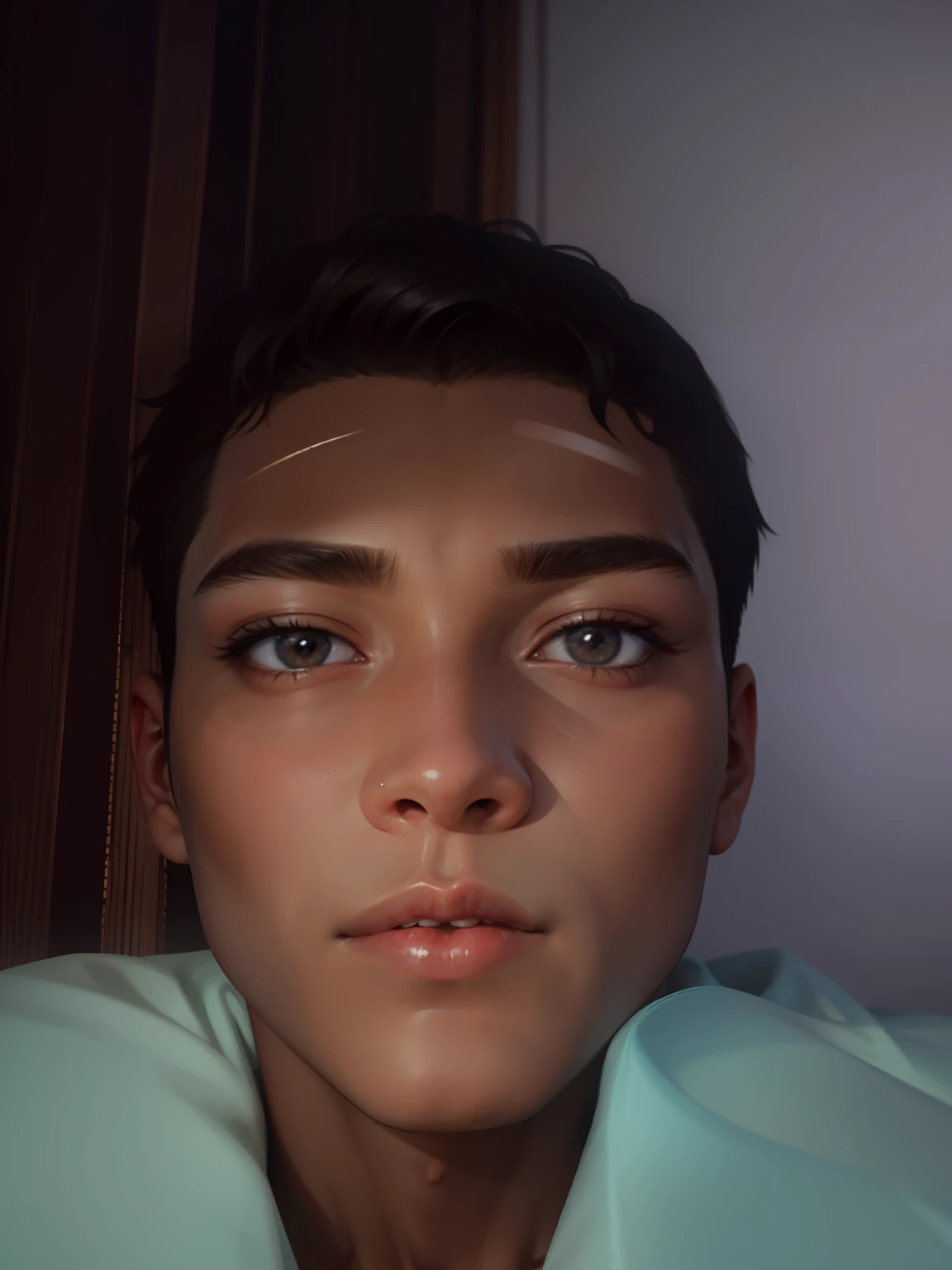 Higher focus, a boy at 18 year old , detailed face, plastic shine, 3d viw , no facial change , mild black, handsome, realistic, forest baground