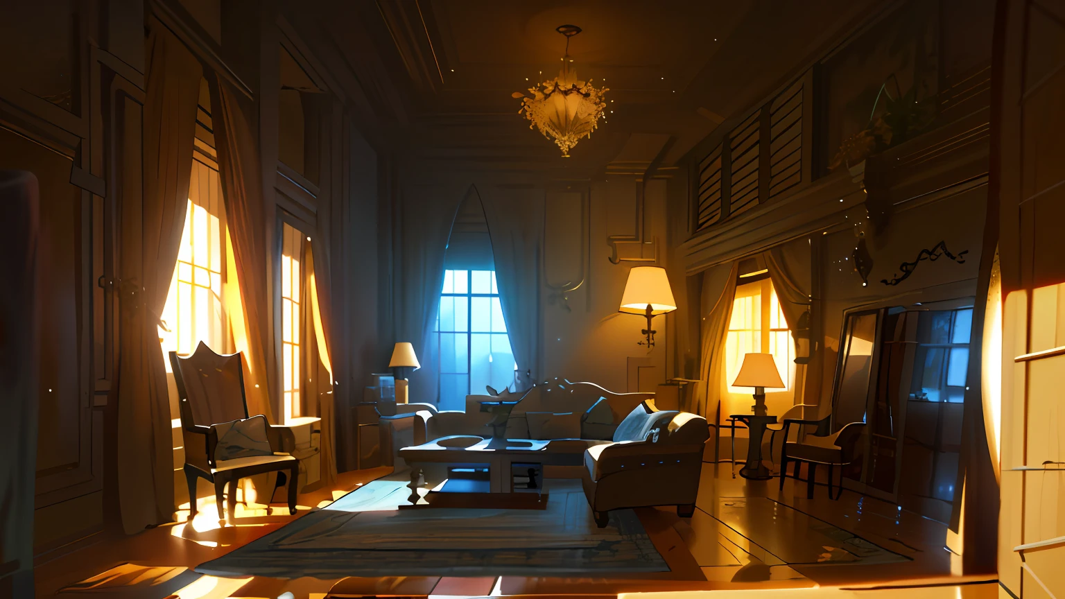 There is a drawing of a living room with a sofa and table, interior background art, Relaxing concept art, Detailed 4K concept art, concept art highly detailed, Dramatic lighting. concept-art, Visual development, concept-art. 8 k'', concept art scene, inspired by senior environment artist, concept art style, Anime landscape concept art, by senior environment artist