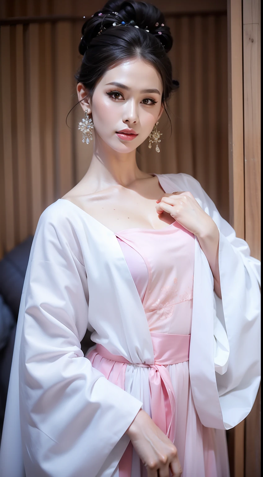 Fashion model 20 years old [[[[closeup cleavage]]]], [[[[boobgasm]]]], [[[[coll]]]], [[[[bshoulders]]]], perfect  eyes, Perfect iris，Perfect lips，perfect teeth，Perfect skin，Long face，slender nose，tall nose bridge，Soft front light，hdr，Movie girl，Simple hairstyle，light make-up，Casual，（pastel colour：1.2）