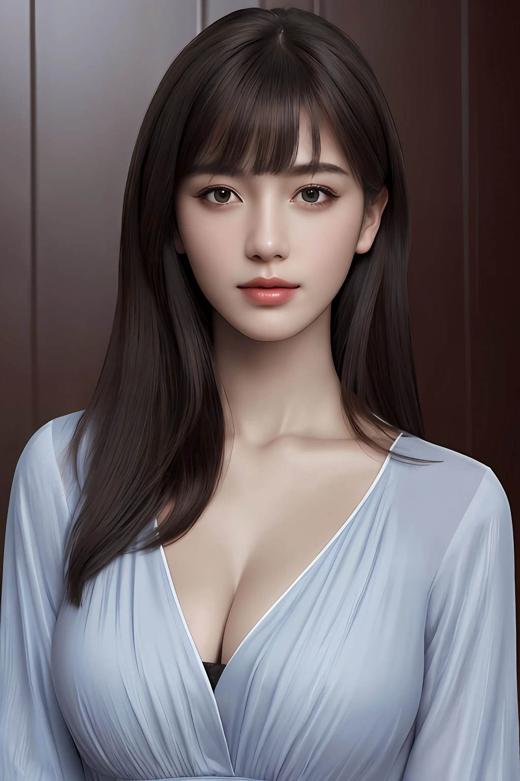 best-quality、master masterpiece、ultra-high res、portrait、(photo-realistic:1.4)、RAW photograph、1girl、Side sweep bangs、Wearing a blouse、cleavage of breast、Detailed facial texture
