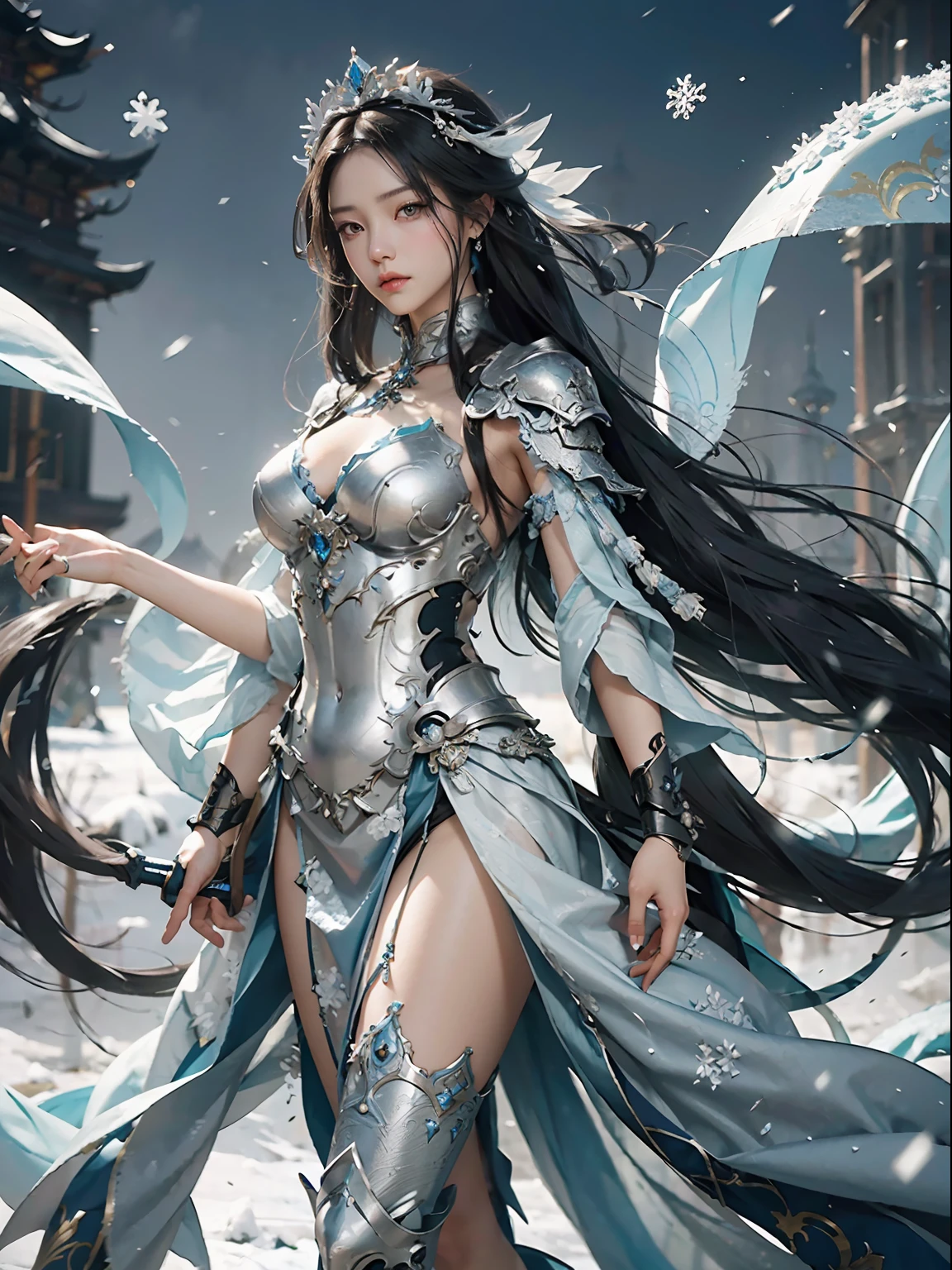 Close-up of a woman with straight black hair in a silver-blue sexy dress, Cheng Weipan Art Station, Xiuxian Technology Sense, Ice and Snow Beauty, Gauze Sleeves, Detailed Fantasy Art, Stunning Character Art, Epic Exquisite Character Art, Beautiful Complex Armor, Machinery, Extremely Detailed Art Budding, Detailed Digital Animation Art, Artgerm on Art Station Pixiv, Armor Girl, Heavy and Exquisite Complicated Headdresses and Jewelry, Noble High-Tech Sense, True God Sense of Déjà Vu,white long hair, sexy armor,see thought outfit add, full body picture, china fantasy godness