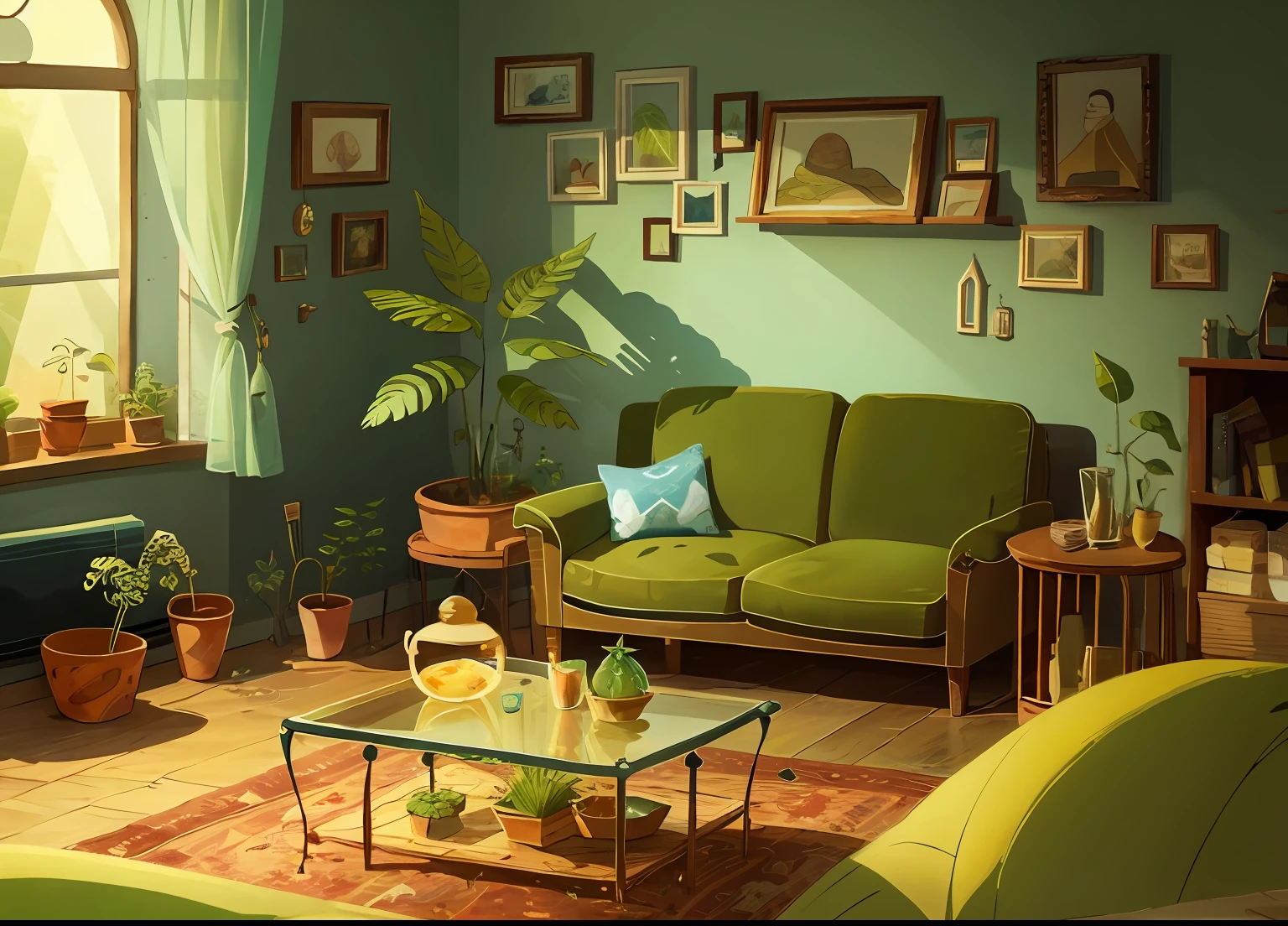 tmasterpiece，best of quality，Song of the Sea，
（Plant sheds：1.3）， a plant，fern， inside in room，liveroom，sofe，tea table， glass，natural soft light，
cartoony， textur， 2D illustration，