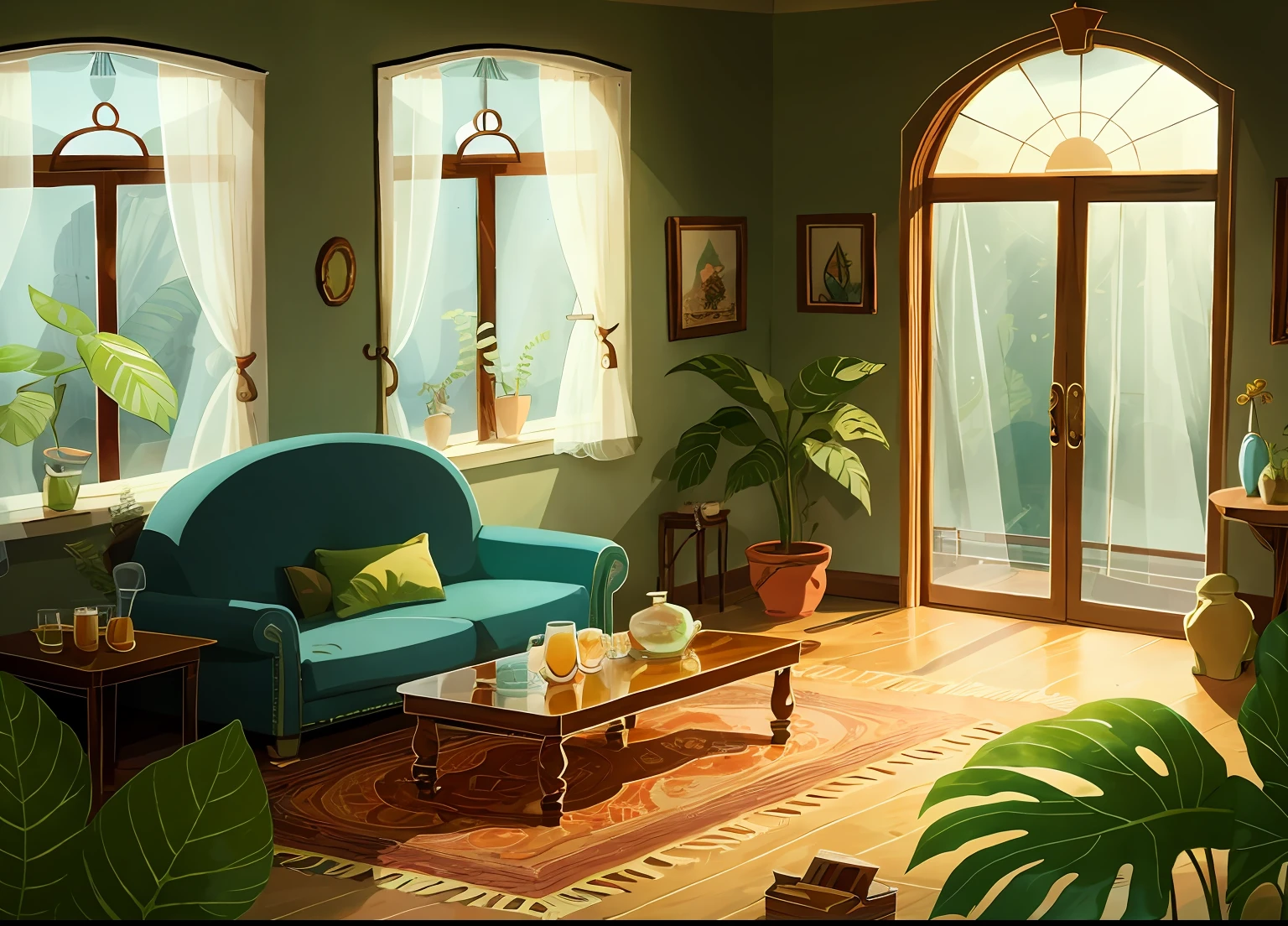 tmasterpiece，best of quality，Song of the Sea，
（Plant sheds：1.3）， a plant，fern， inside in room，liveroom，sofe，tea table， glass，natural soft light，
cartoony， textur， 2D illustration，