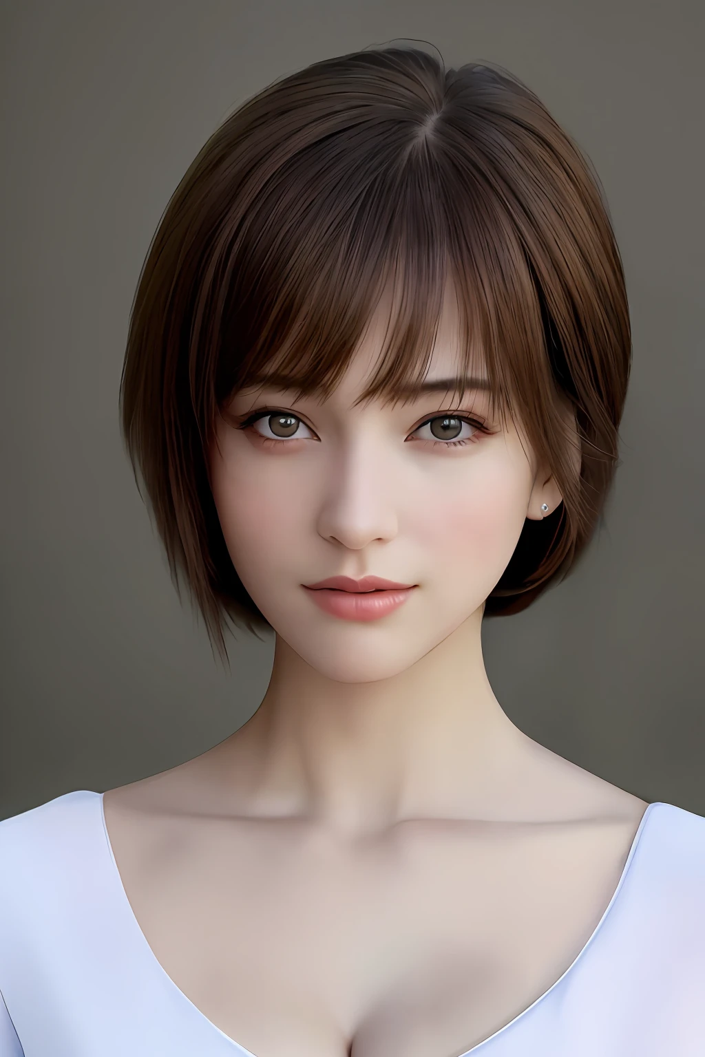 best-quality、master masterpiece、ultra-high res、portrait、(photo-realistic:1.4)、RAW photograph、1girl、Side sweep bangs、Wearing a blouse、cleavage of breast、Detailed facial texture