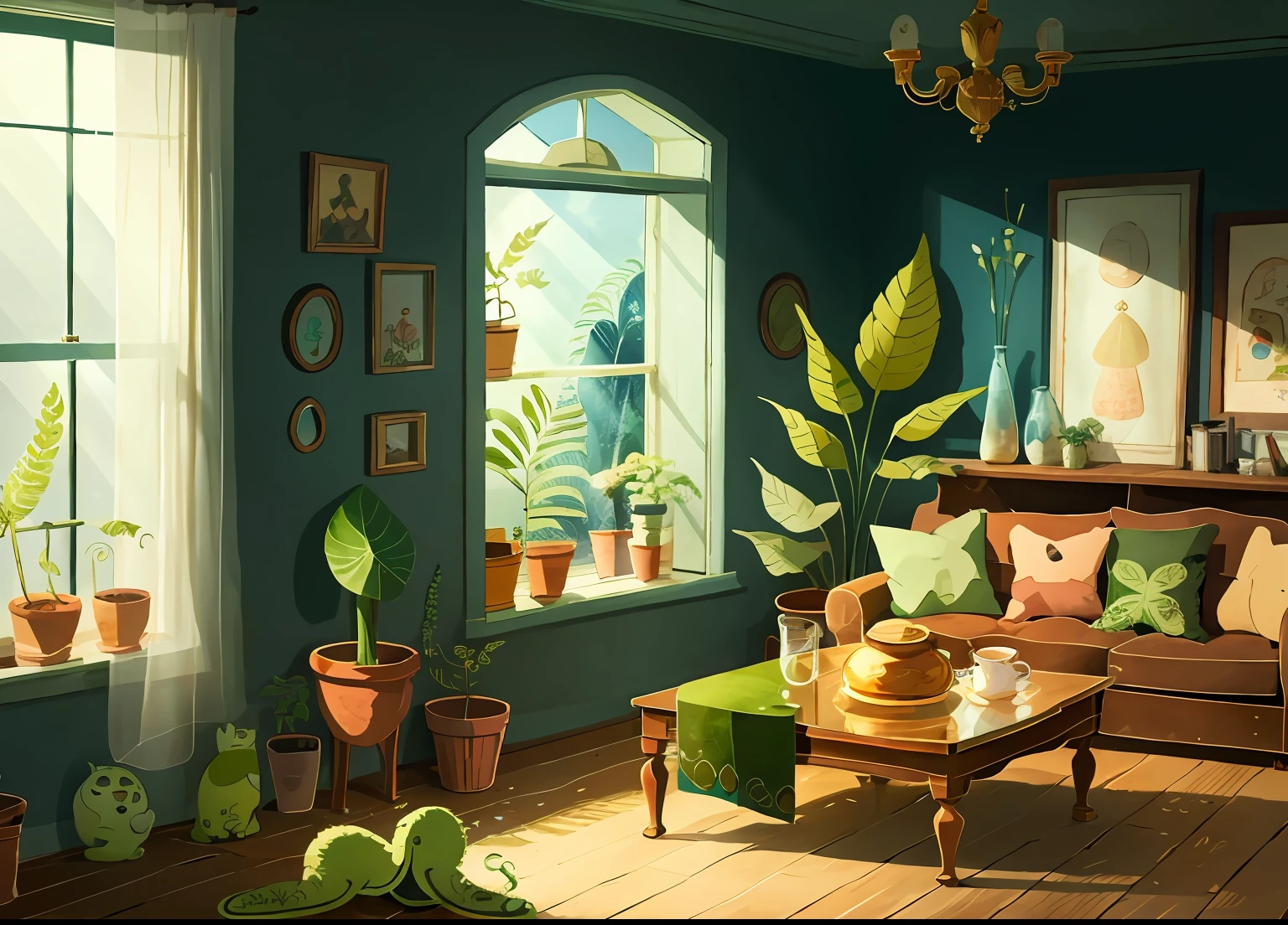 tmasterpiece，best of quality，Song of the Sea，
（Plant sheds：1.3）， a plant，fern， inside in room，liveroom，sofe，tea table， glass，natural soft light，
cartoony， textur， 2D illustration，