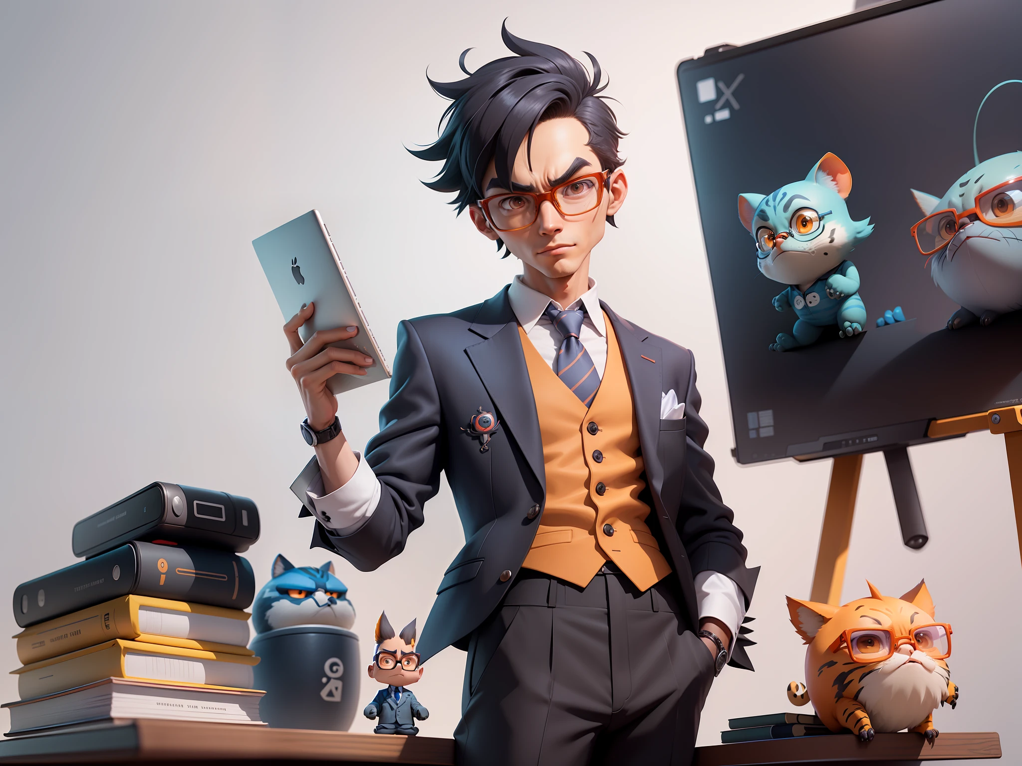 A young man in a suit and pants, Short hair and glasses sat at his desk,holding laptop,digitial painting,tigre,3D character design by Mark Clairen and Pixar and Hayao Miyazaki and Akira Toriyama,4K HD illustration,Very detailed facial features and cartoon-style visuals。