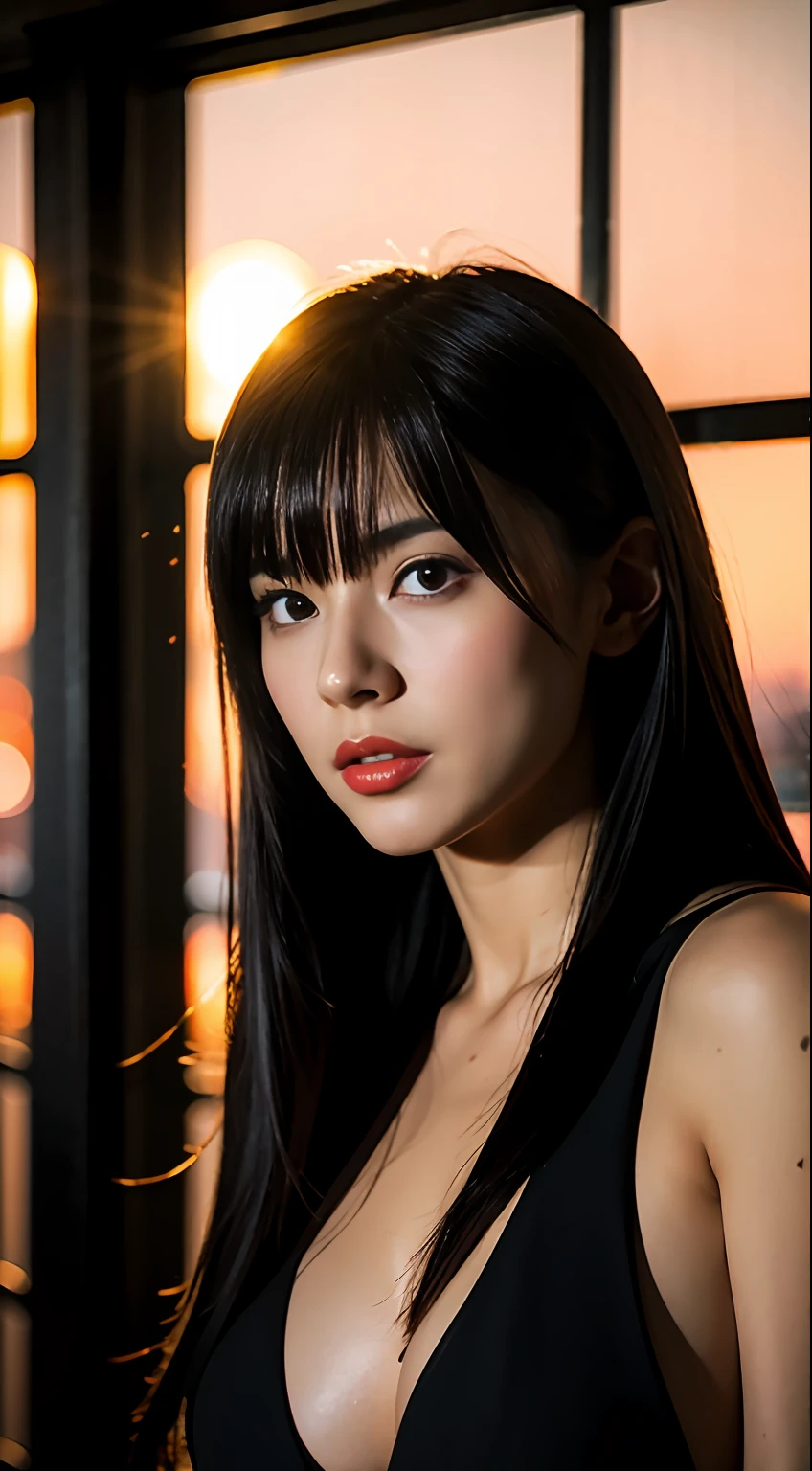 tifa lockhart, tifa_lockhart, ff7, sultry face, (black  long hair), Hair bangs (Akame:1.3) long eyeslashes, beautiful red eyes with brightness, surrealism, shadowy, stereograms, (Photorealsitic, realisitic: 1.2), POV, Atmospheric perspective, cinematlic lighting, Ray traching, 8k, super detailing, top-quality, ​masterpiece, the detail, (Canan EOS R6, 135mm, 1/1250s, f/2.8, ISO 400:0.9), the beach, Sunset sky, Red Combat Glove、huge tit、Slimed、huge tit、huge tit、((Ridiculously big)))、(Ridiculously big:1.5)、((huge tit))、((huge tit))、(huge tit)))、((huge tit)))、fullnude