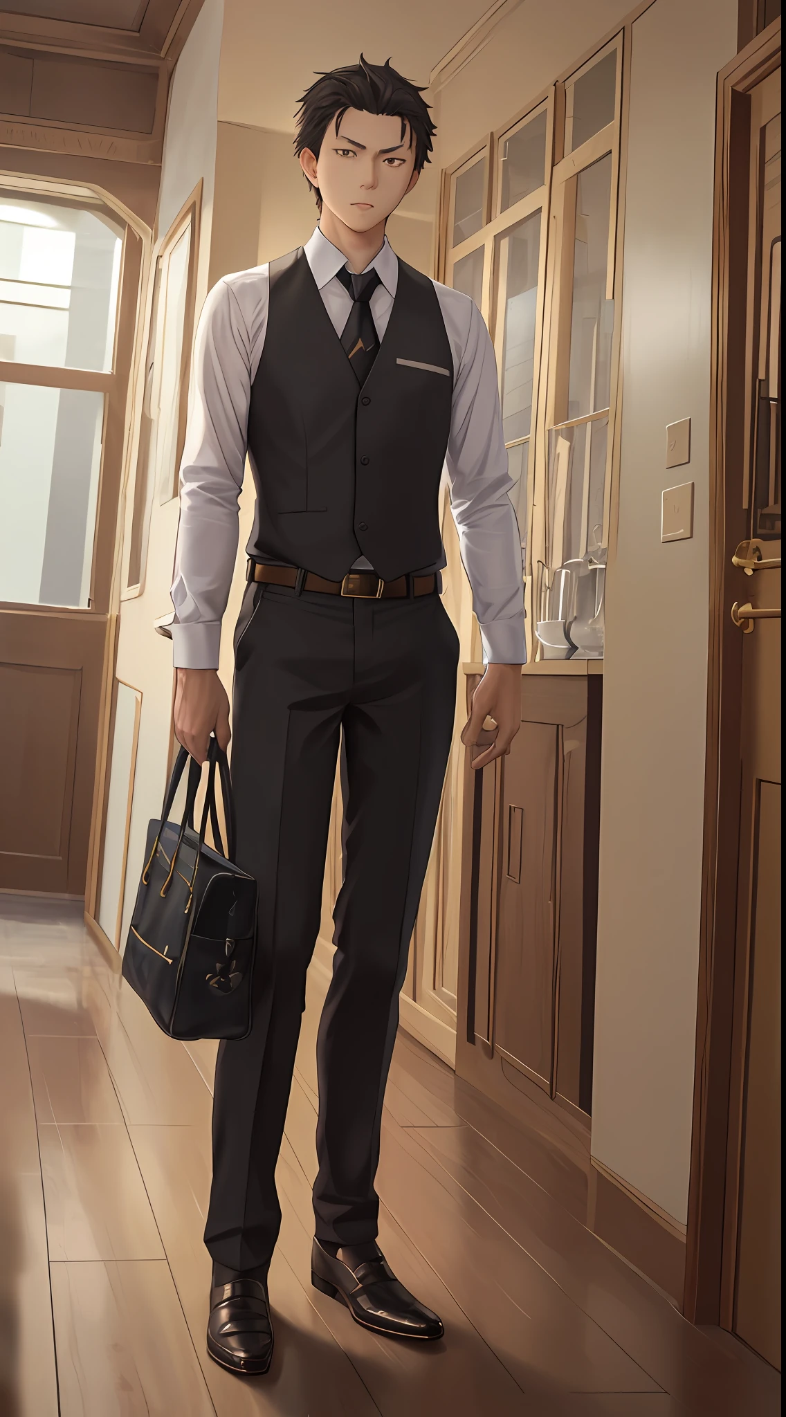 (1 Adult male),A high resolution, Sharp focus, Pixiv masterpiece, ((Complicated details)), highly detailed, natsuki_subaru, 1 man, Serious,full bodyesbian, Golden eyes(eyes glowing), with short golden hair,white shirt,Wear a tie,Wear a belt,perspire,look from down