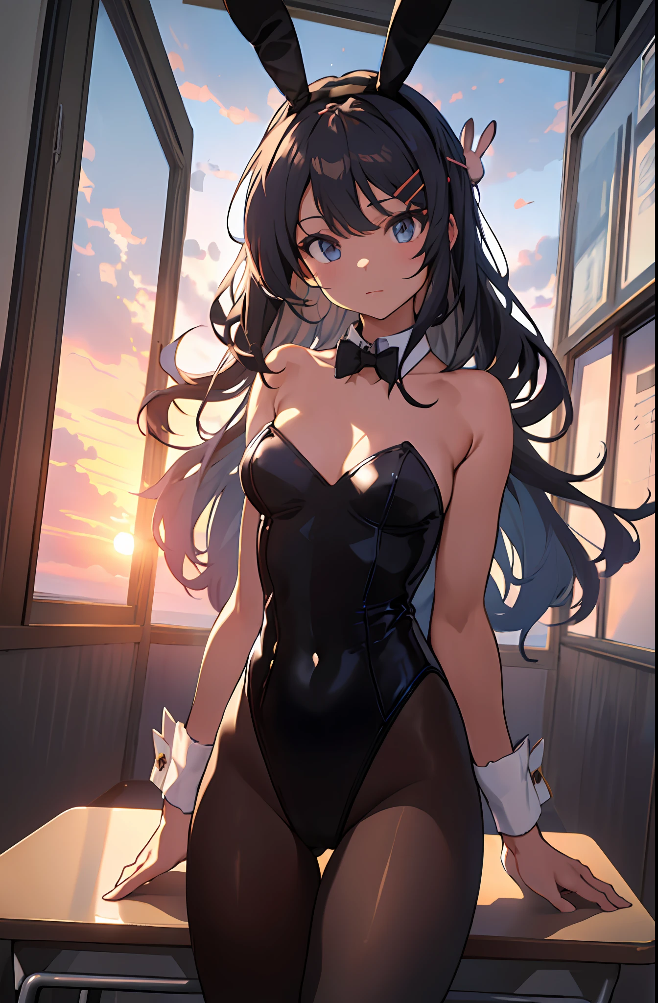 (masterpiece,best quality, detailed), indoors, classroom, contrapposto, 1girl, solo, looking at viewer, cowboy shot, sunset, dutch angle, dramatic lighting, window, cloudy sky,
sakurajima mai, rabbit ears, detached collar, wrist cuffs, black leotard, rabbit tail, hairclip, black pantyhose, black bowtie, black hairband, rabbit hair ornament