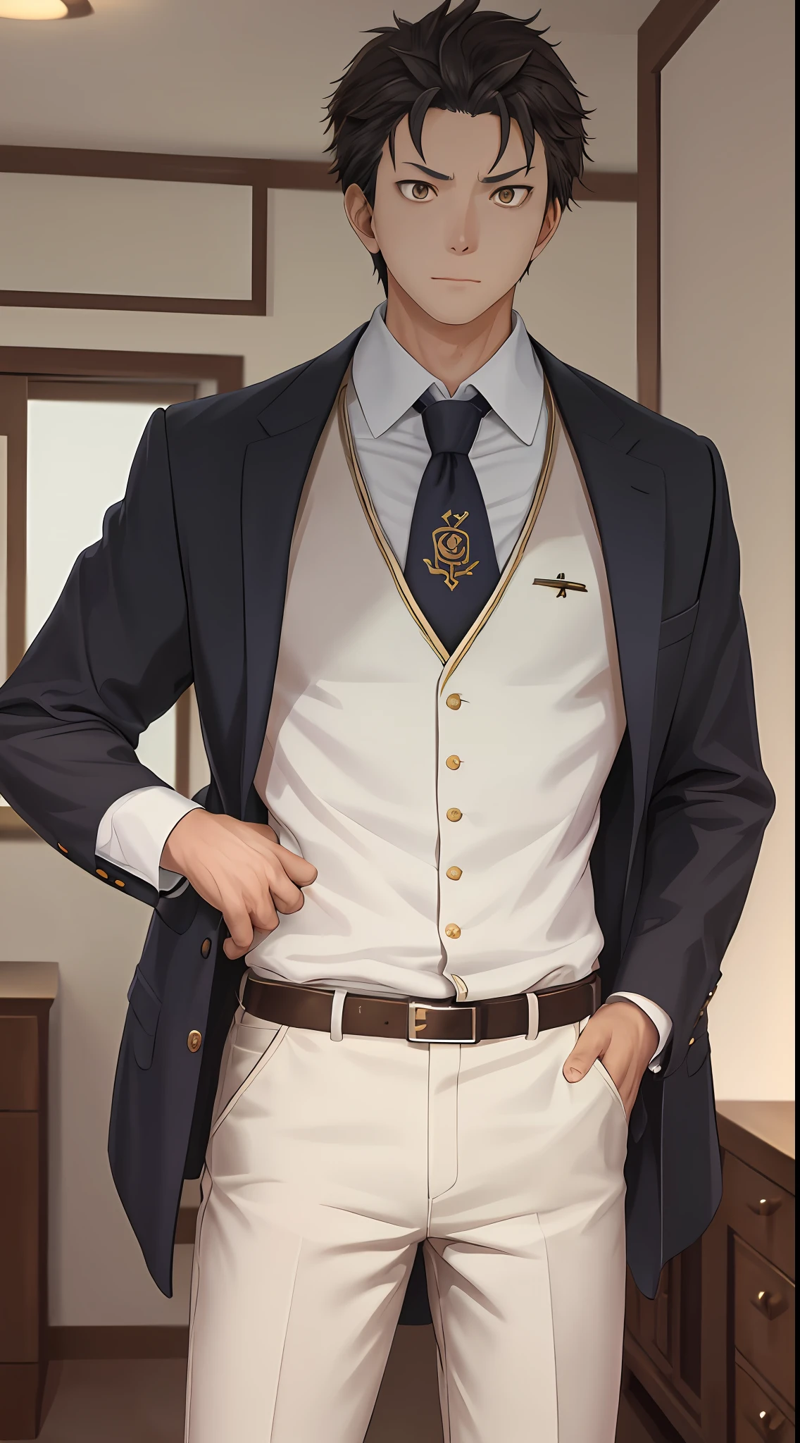 (1 Adult male),A high resolution, Sharp focus, Pixiv masterpiece, ((Complicated details)), highly detailed, natsuki_subaru, 1 man, Serious,full bodyesbian, Golden eyes(eyes glowing), with short golden hair,white shirt,Wear a tie,Wear a belt,perspire,look from down