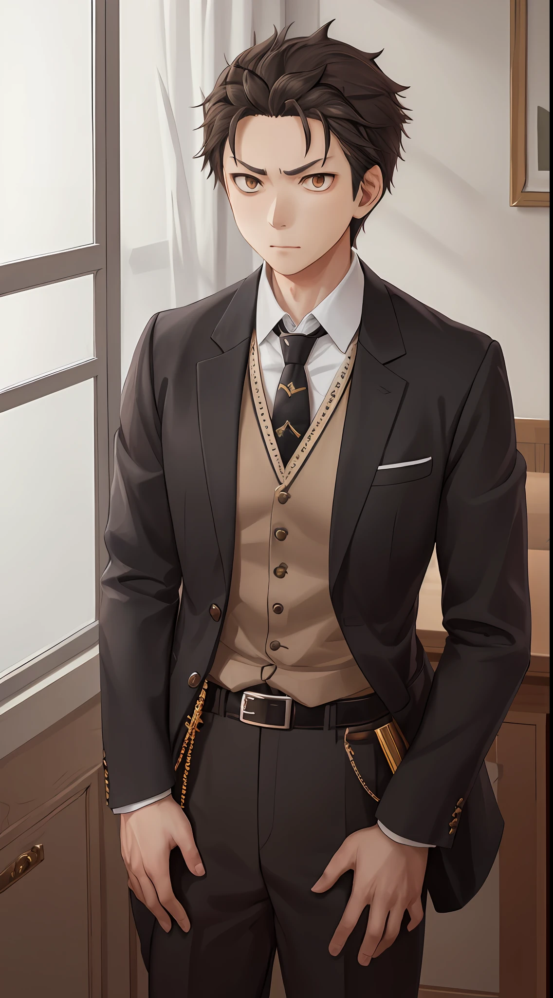 （1 Adult male），A high resolution， Sharp focus， Pixiv masterpiece， （（Complicated details））， highly  detailed， natsuki_subaru， 1 man， Serious，full bodyesbian， Golden eyes（eyes glowing）， with short golden hair，white  shirt，Wear a tie，Wear a belt，perspire，look from down